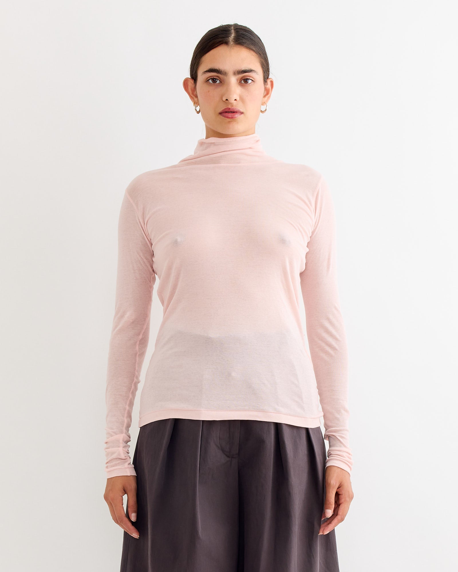 Sheer Rib Turtleneck Tee in Light Pink