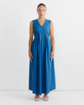 Pleated V-Neck Dress in Blue