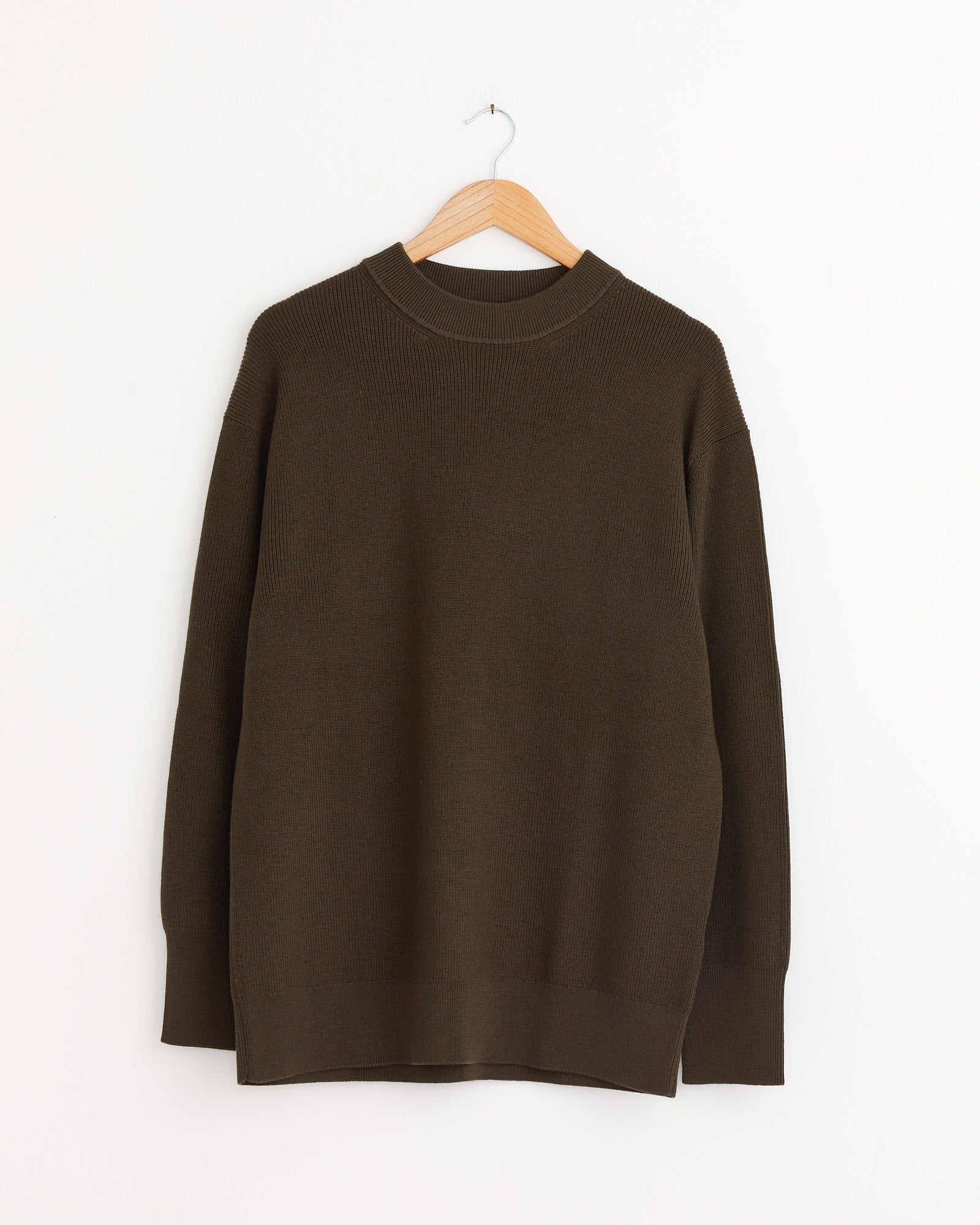 Fine Rib Merino Wool Crewneck in Khaki