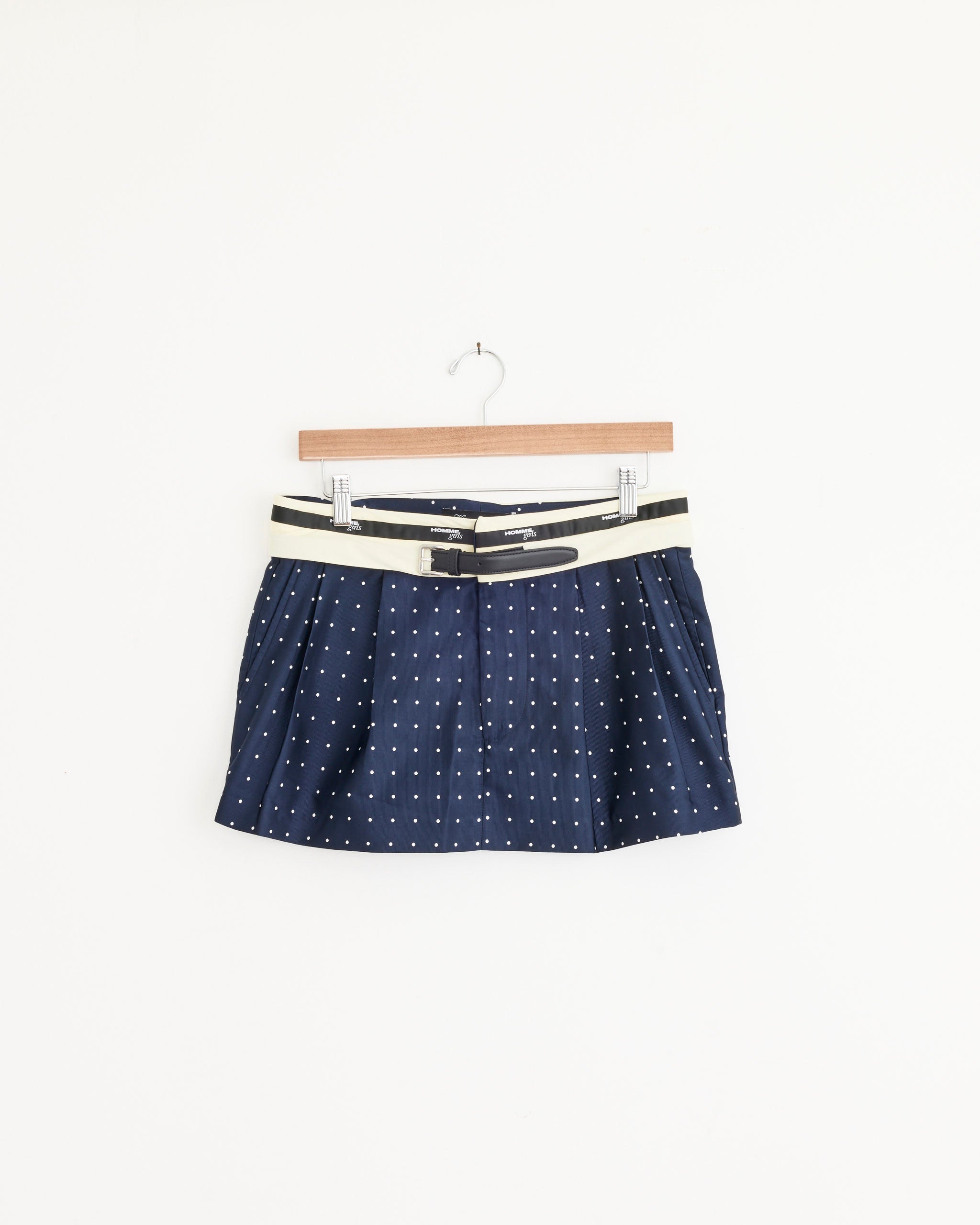 Flip Waist Mini Belt Skirt in Navy Polka Dot