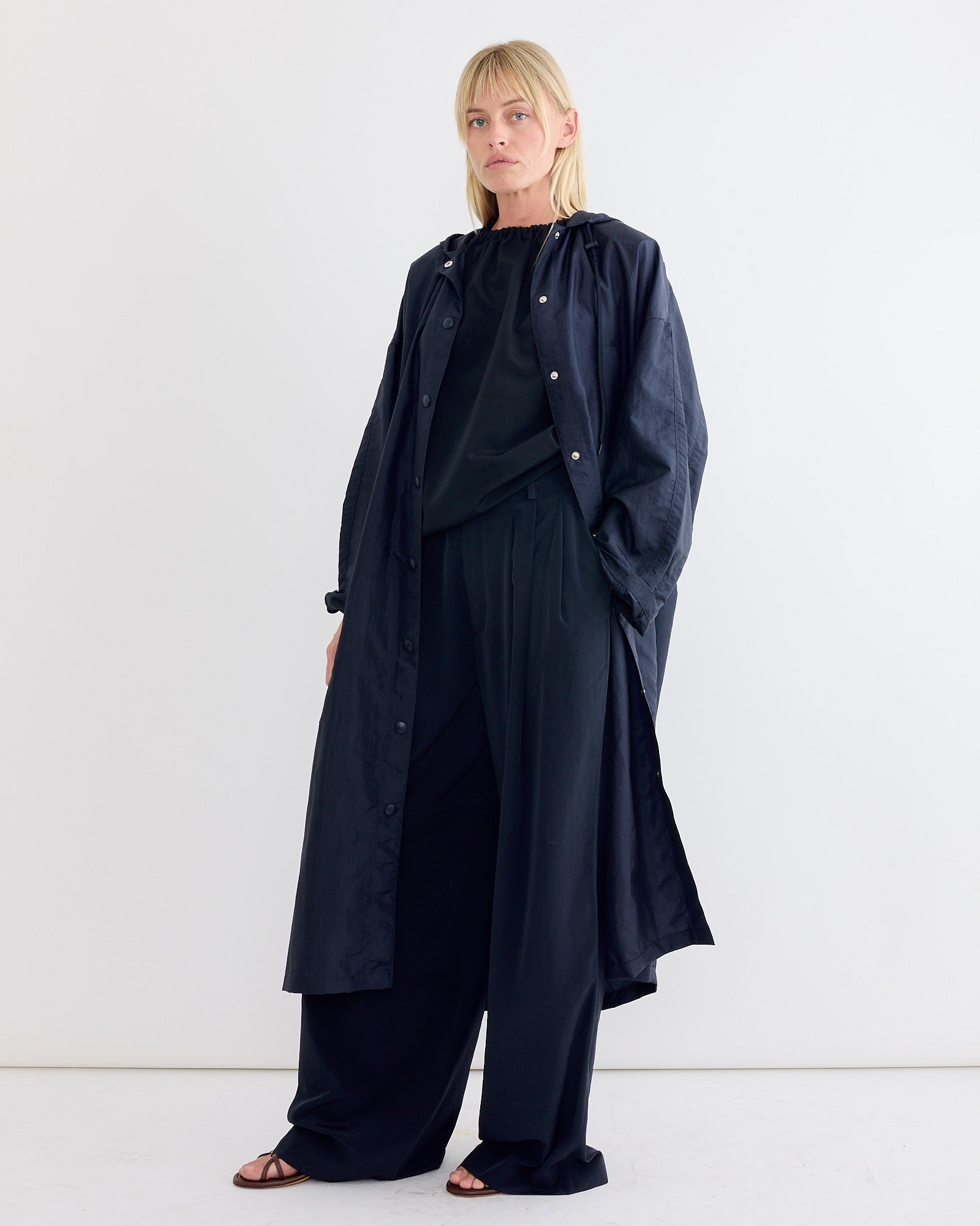 Crispy Nylon Hooded Coat in Navy