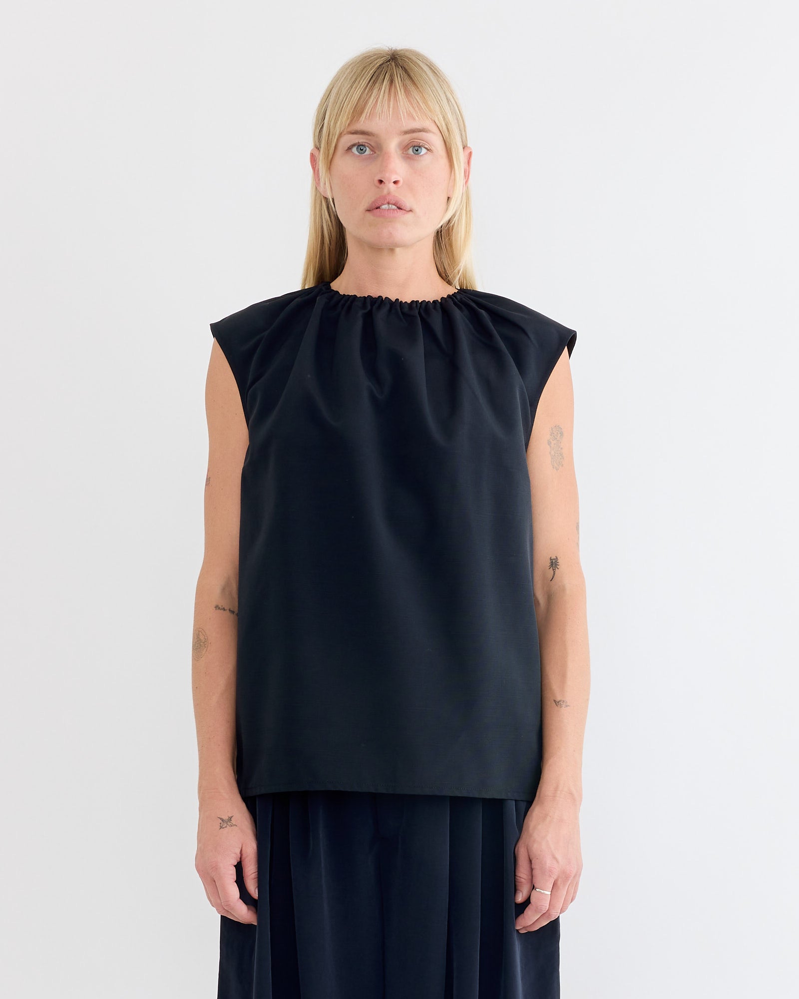 Lotte Nylon Shirred Neck Top in Black