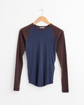 Super High Gauge Sheer Pullover in Navy/Dark Brown