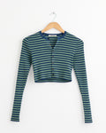 Cropped Crewneck Cardigan in Pale Green/Navy Stripe