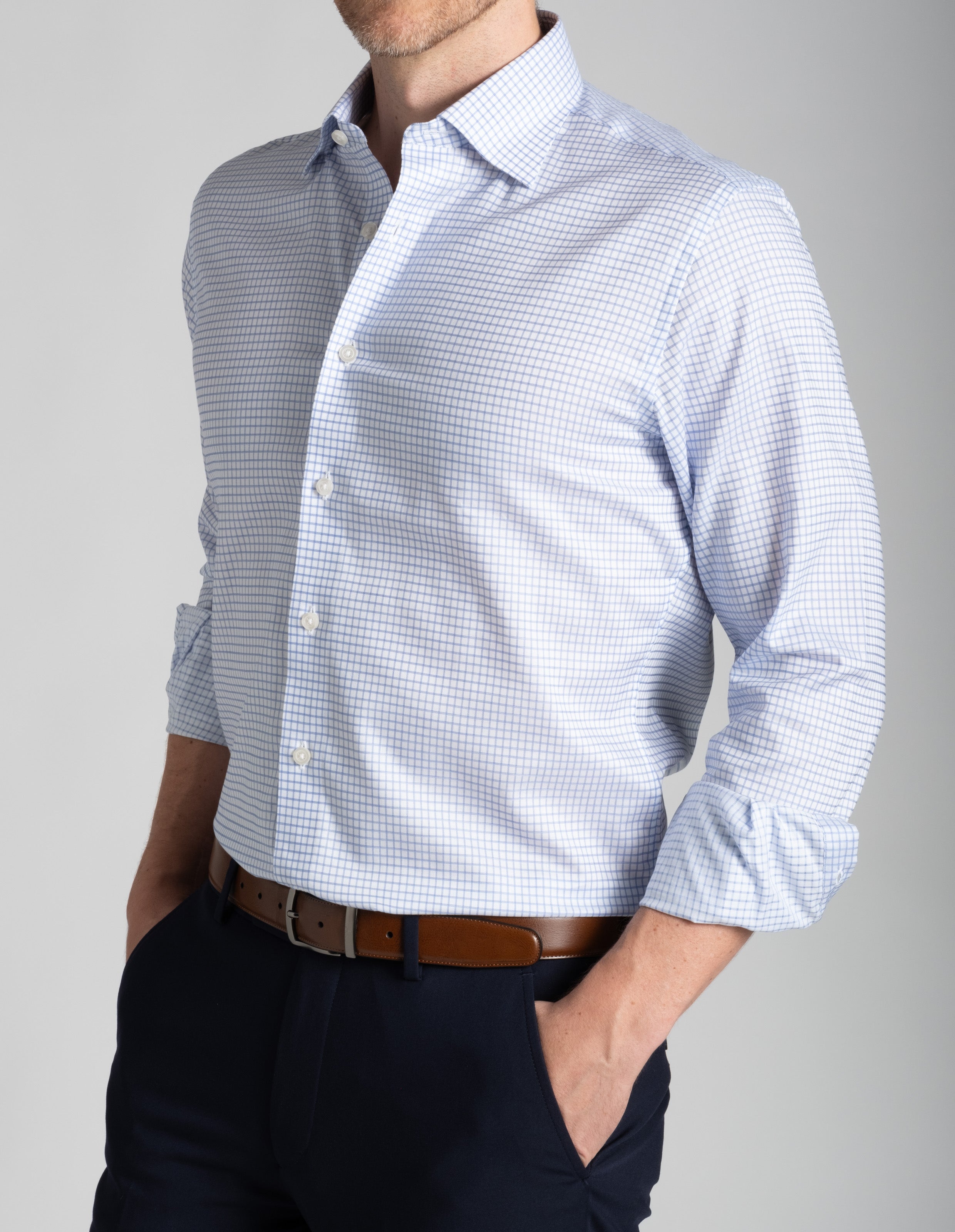 Wrinkle-Resistant Stretch Twill - Blue Grid Check
