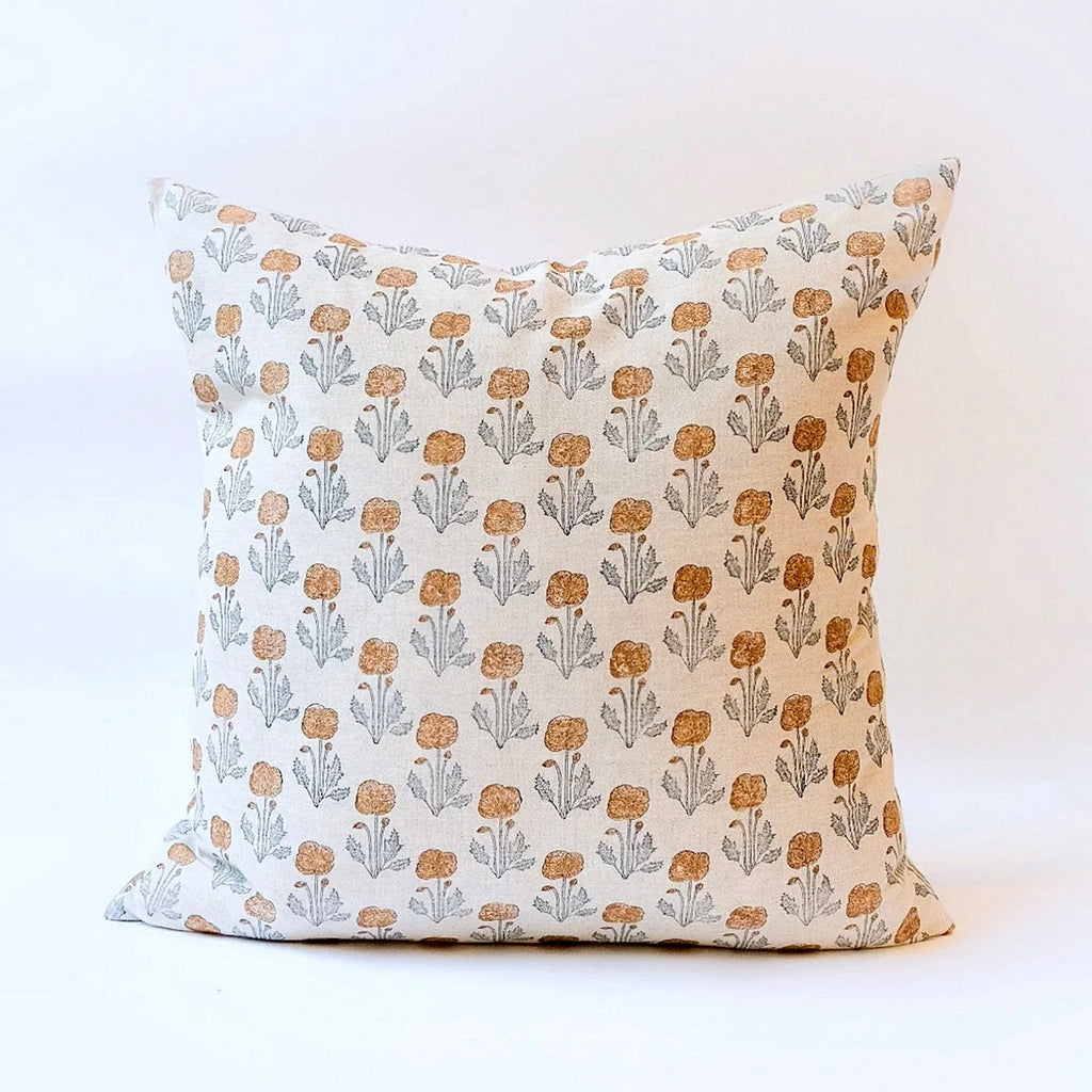 Zoya Hand Block Printed Linen Pillow Cover, 22x22