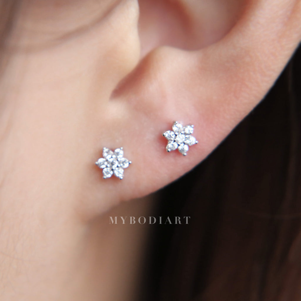 Nina Dainty Small Crystal Flower Ear Piercing Stud Earrings in Silver or Gold