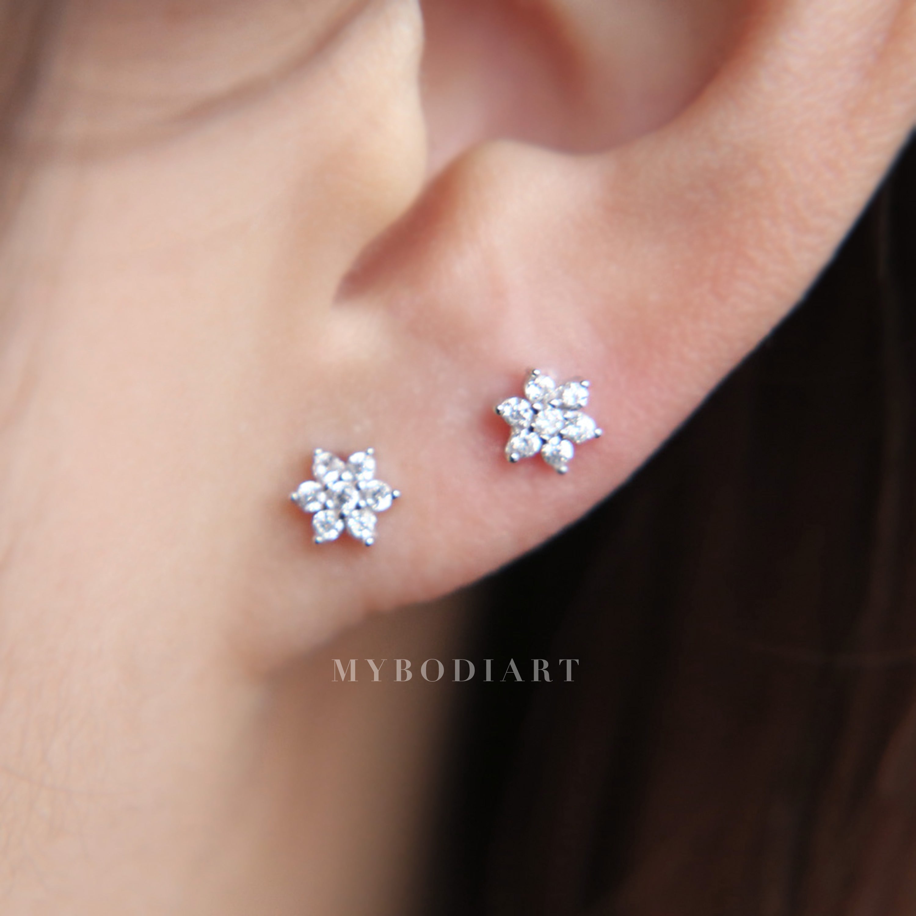 Nina Dainty Small Crystal Flower Ear Piercing Stud Earrings in Silver or Gold