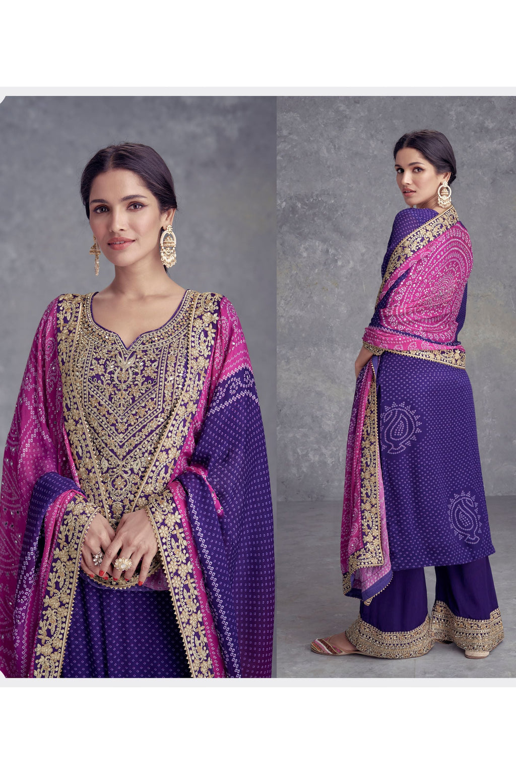 Purple Chinon Silk Bandhani Style Pattern Palazzo Suit For Indian Festivals & Weddings - Embroidery Work, Mirror Work, Digital Print Work