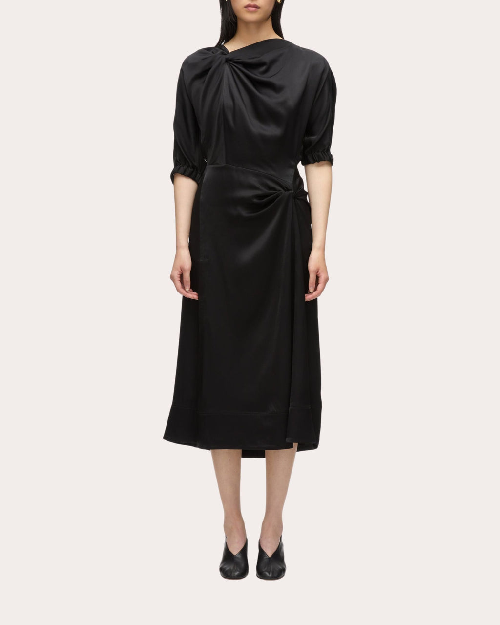 Fluid Satin Knotted Drape Midi Dress