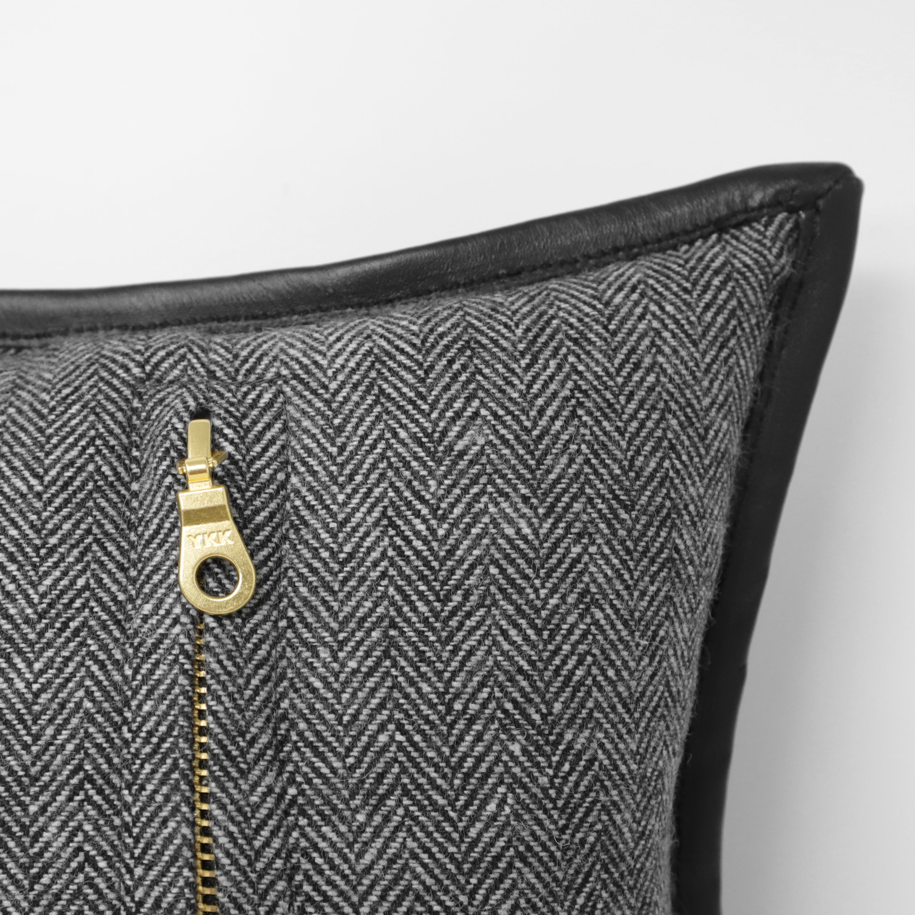 Woven Herringbone With Genuine Leather Trim Pillow Cover