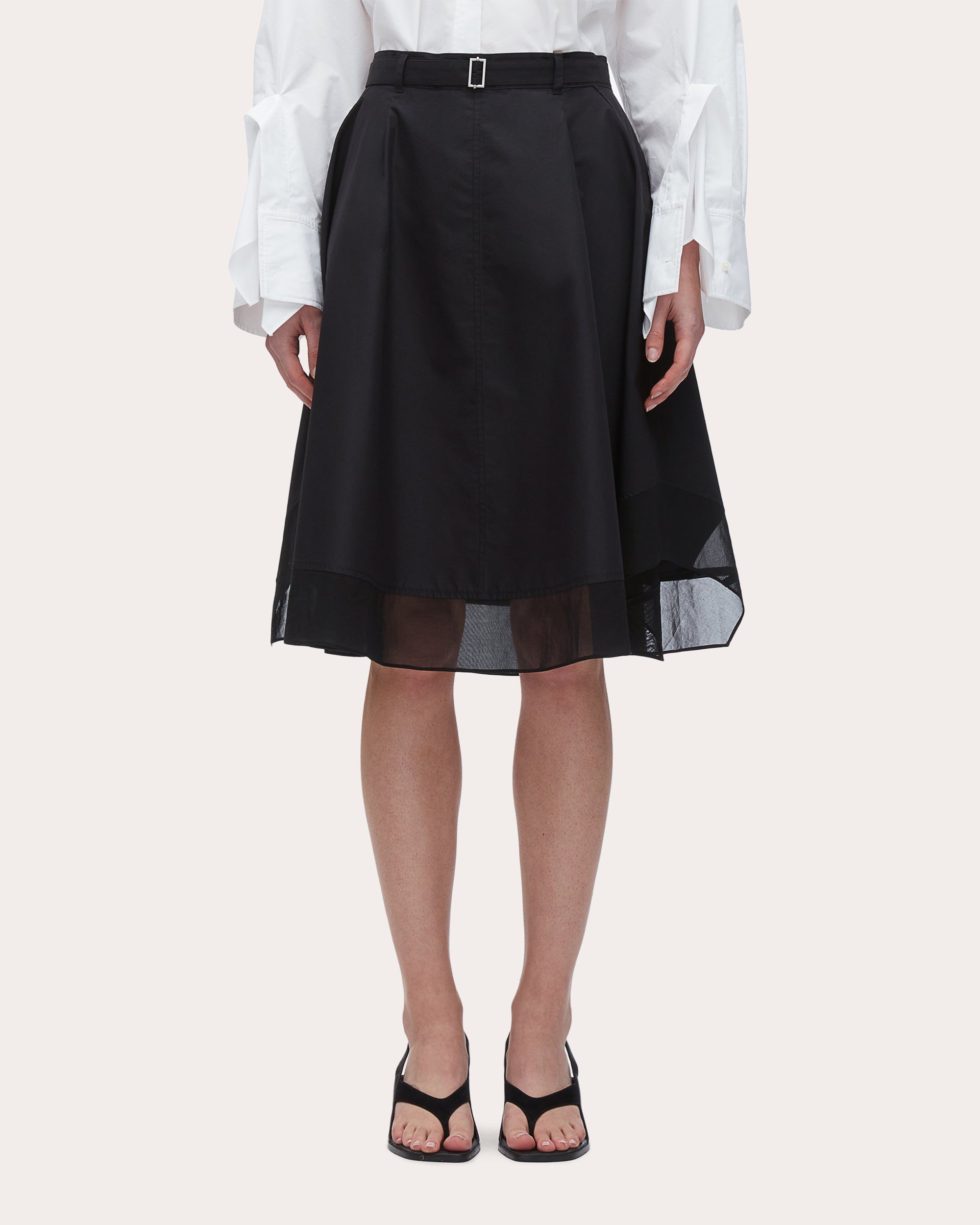 Poplin Voile-Trim Belted Flounce Skirt