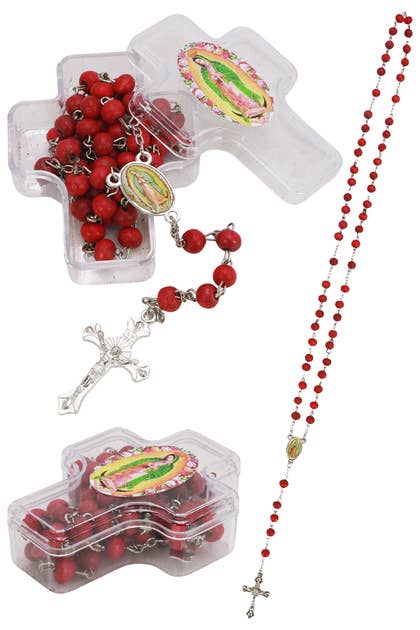 Guadalupe Red Wood Prayer Beads Rosary Necklace