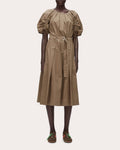 Cotton Poplin Ruched-Sleeve Midi Dress