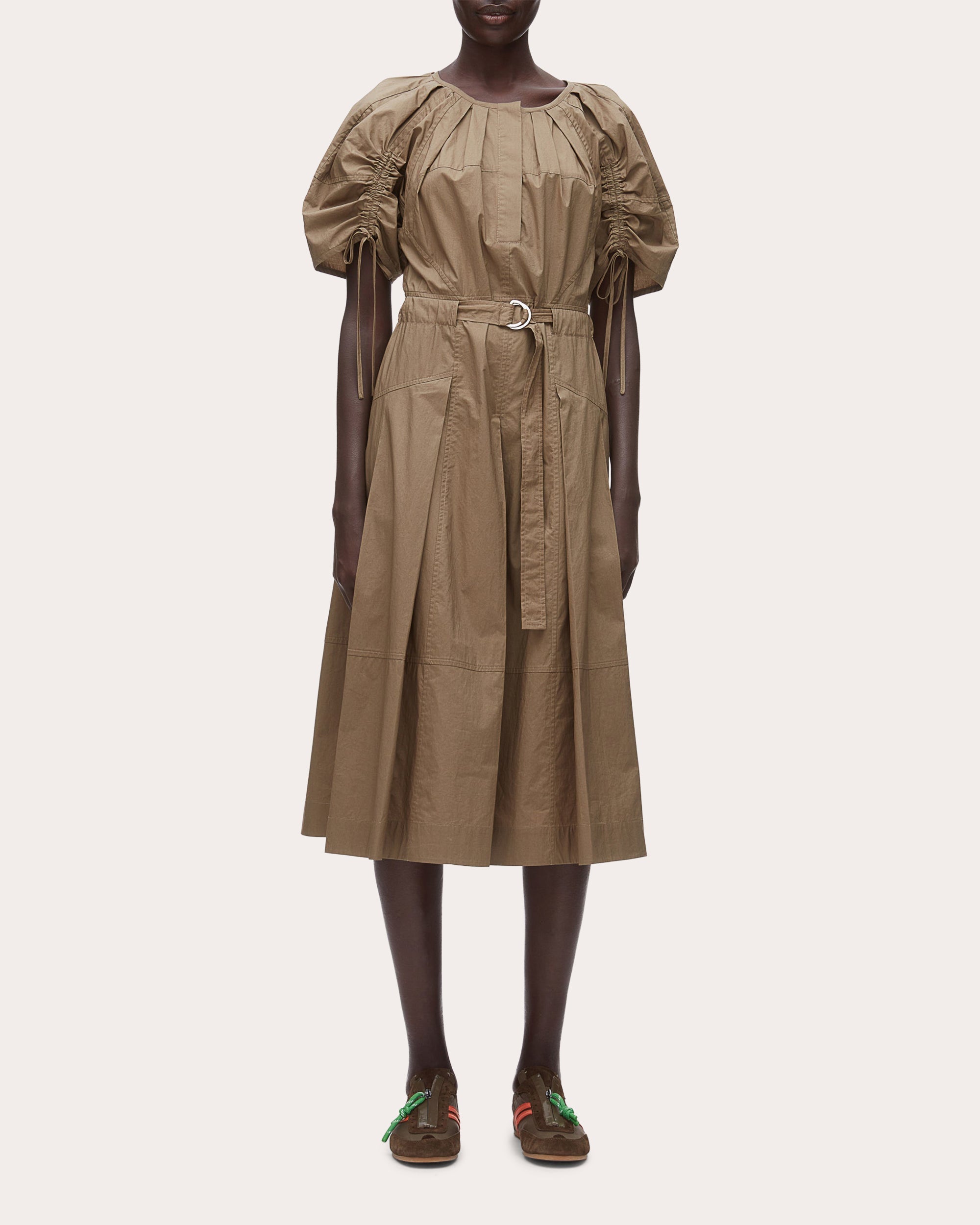 Cotton Poplin Ruched-Sleeve Midi Dress