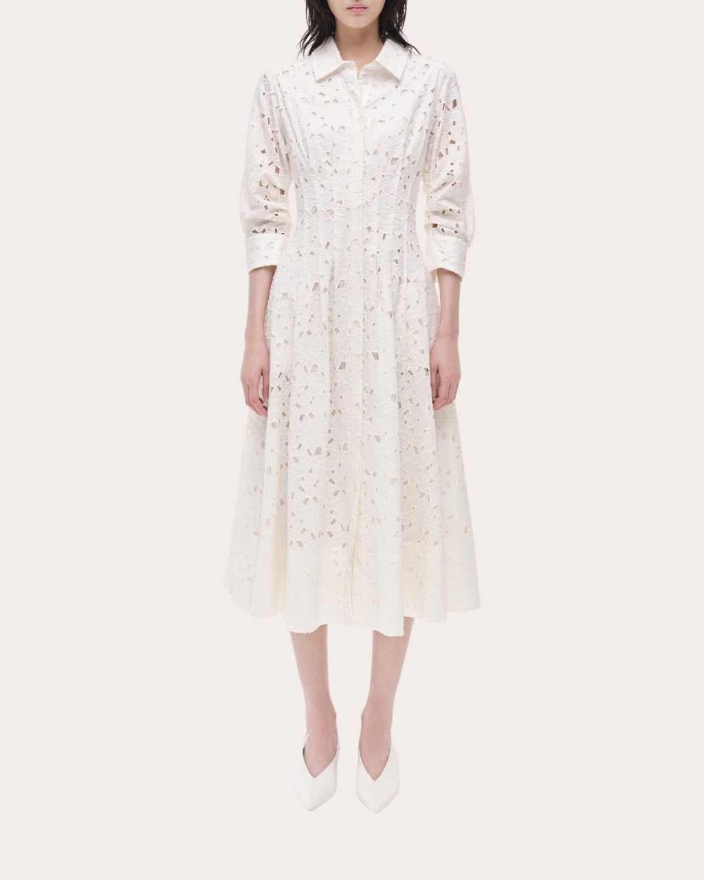 Jazz Pleated Broderie Anglaise Midi Shirt Dress