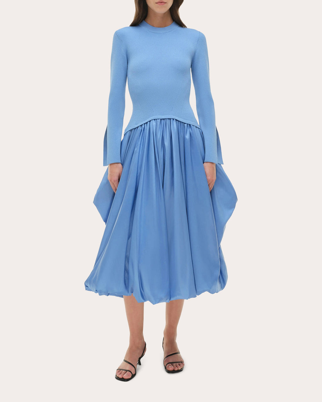 Kenlie Knit Taffeta Combo Gathered Midi Dress