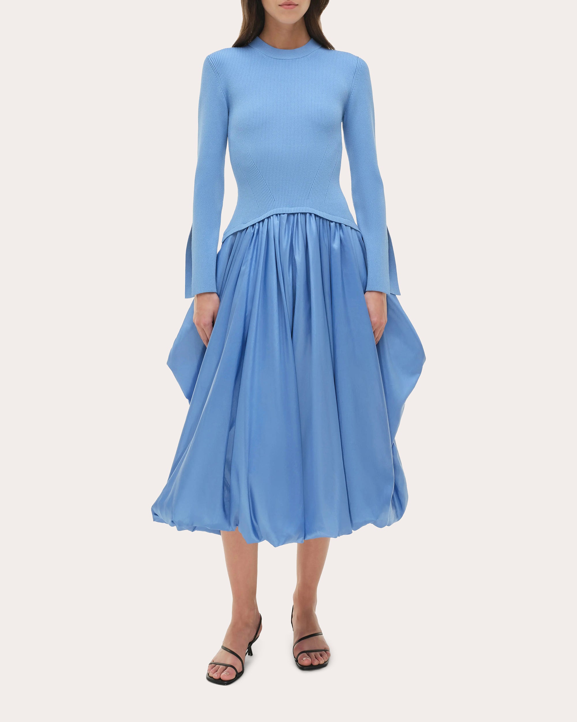 Kenlie Knit Taffeta Combo Gathered Midi Dress