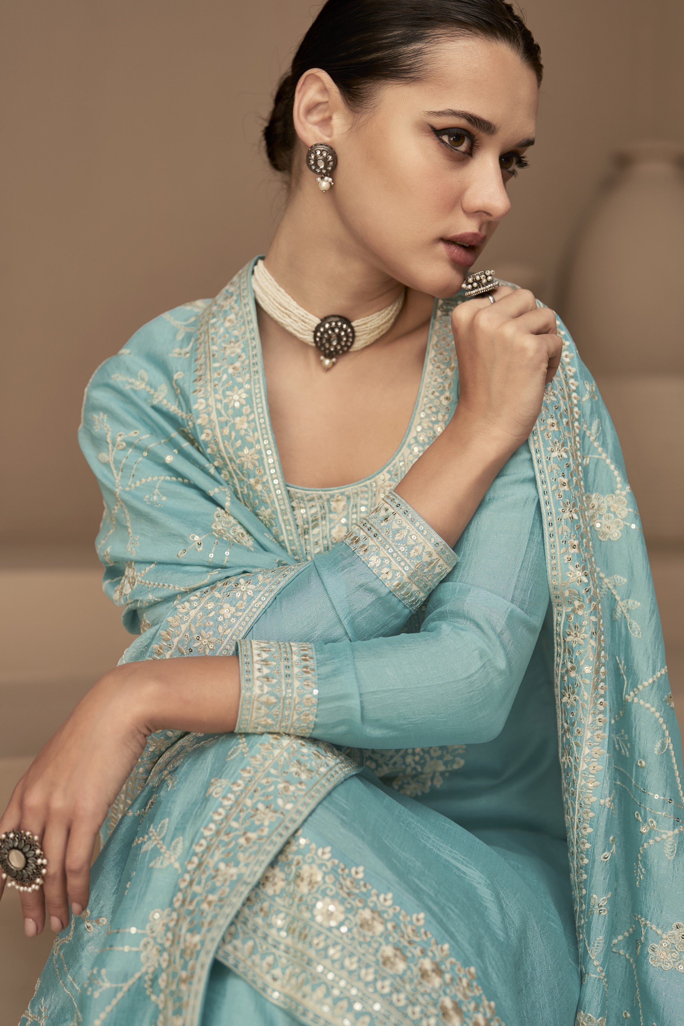 Blue Chinon Silk Kameez Pant Suit For Indian Festivals & Weddings - Thread Embroidery Work,