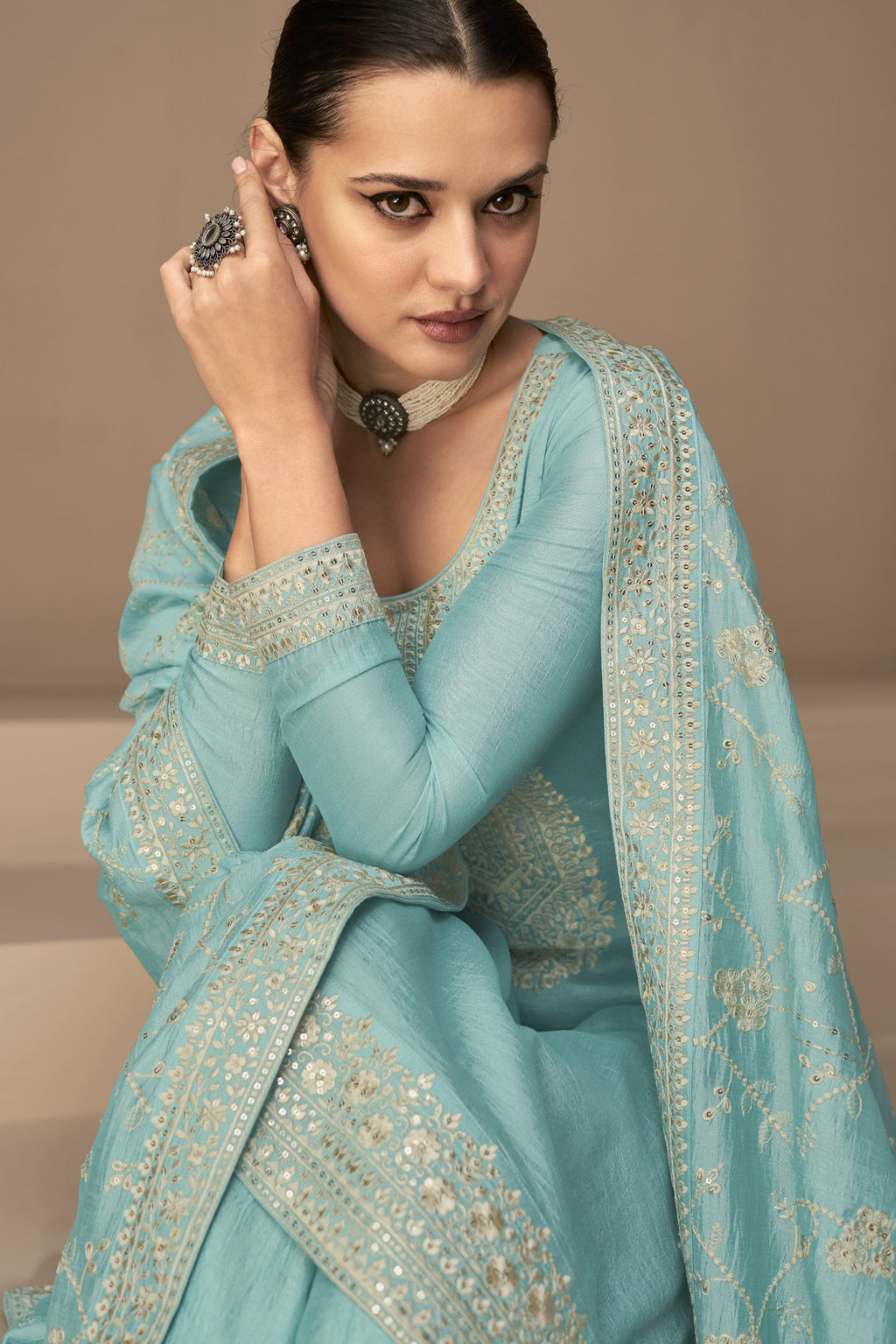 Blue Chinon Silk Kameez Pant Suit For Indian Festivals & Weddings - Thread Embroidery Work,
