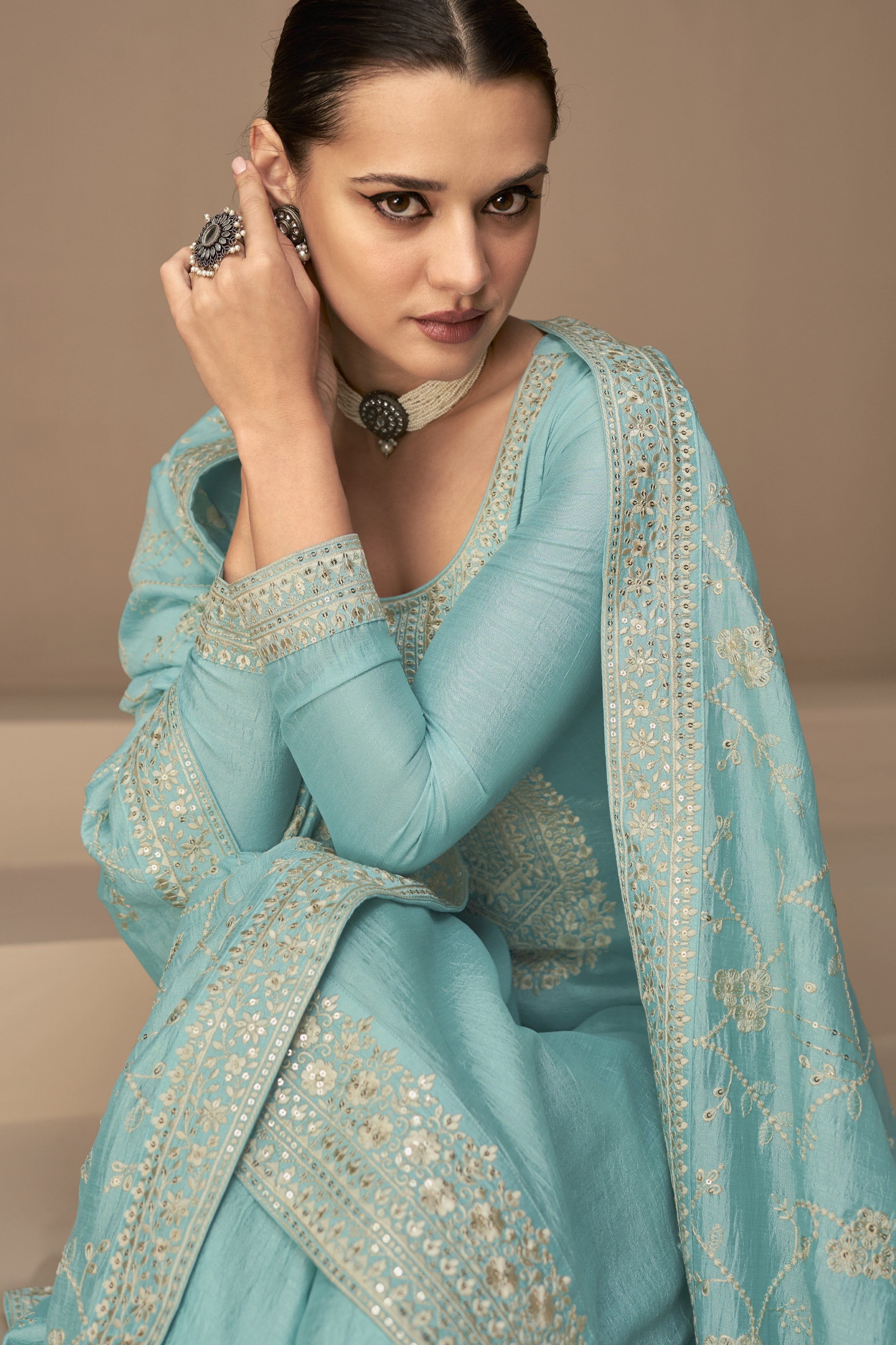 Blue Chinon Silk Kameez Pant Suit For Indian Festivals & Weddings - Thread Embroidery Work,
