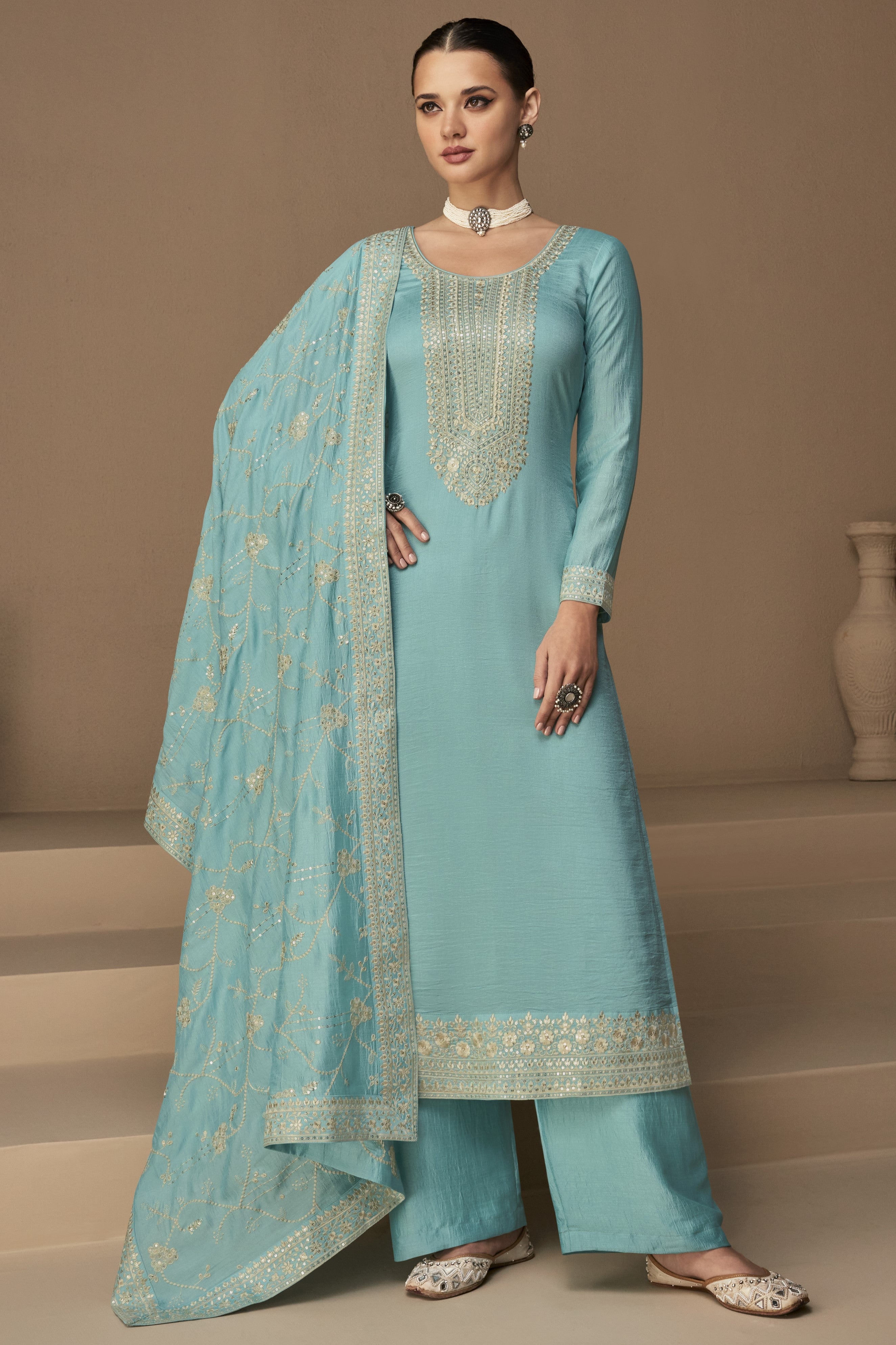 Blue Chinon Silk Kameez Pant Suit For Indian Festivals & Weddings - Thread Embroidery Work,
