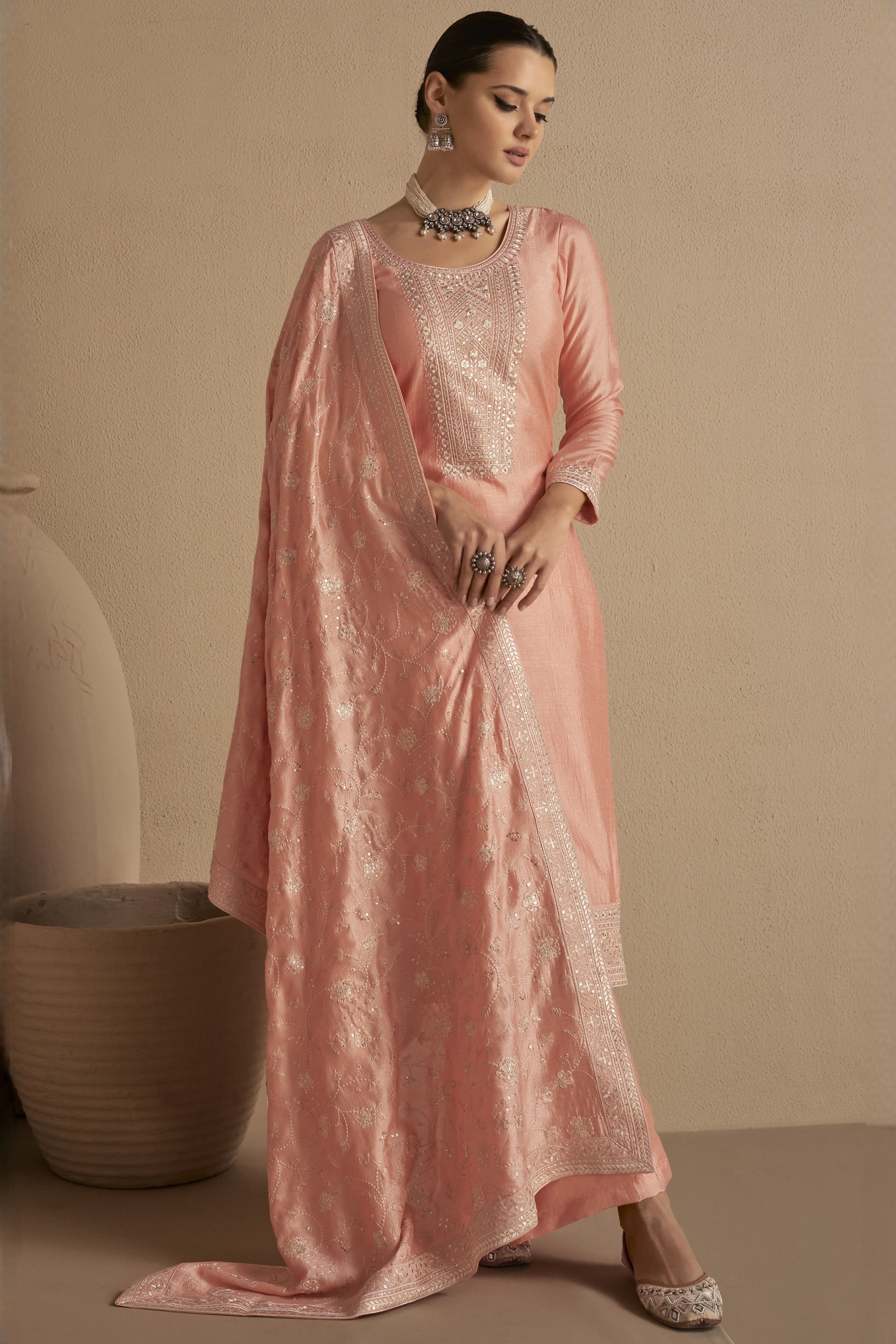Peach Chinon Silk Kameez Pant Suit For Indian Festivals & Weddings - Thread Embroidery Work,