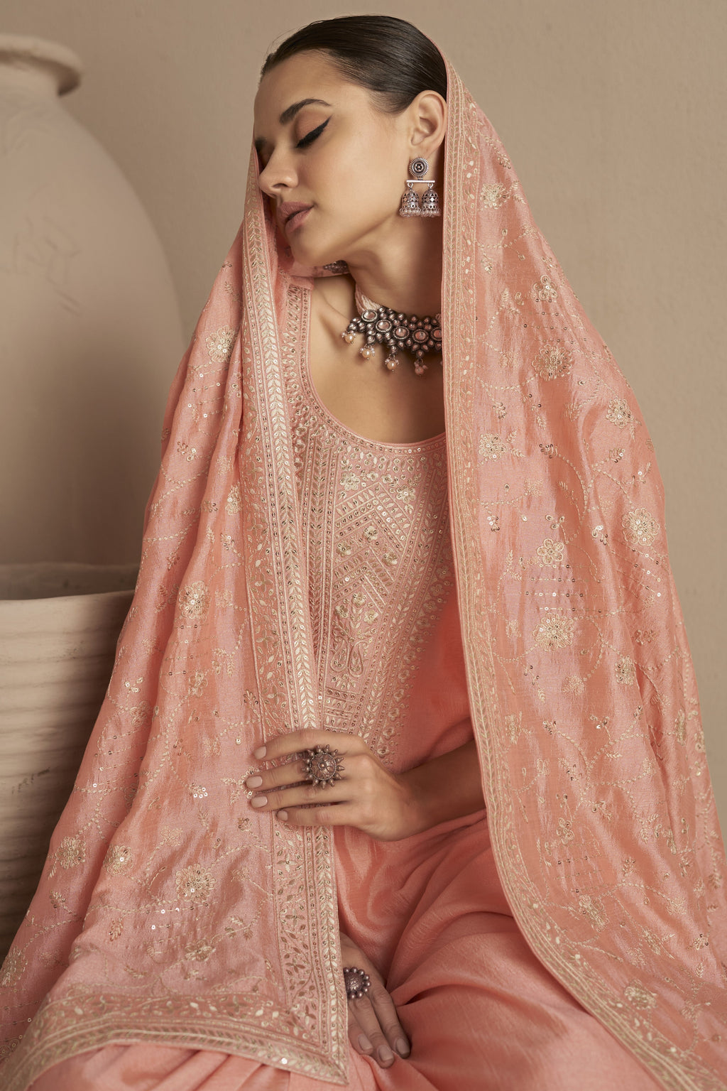 Peach Chinon Silk Kameez Pant Suit For Indian Festivals & Weddings - Thread Embroidery Work,
