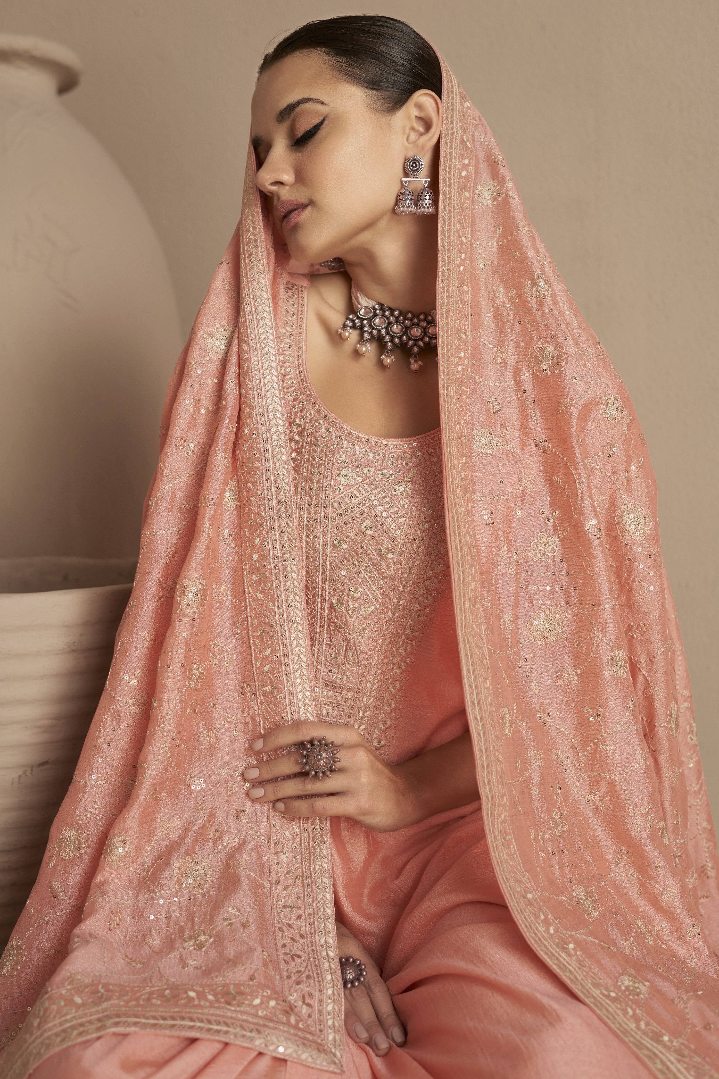 Peach Chinon Silk Kameez Pant Suit For Indian Festivals & Weddings - Thread Embroidery Work,
