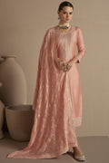 Peach Chinon Silk Kameez Pant Suit For Indian Festivals & Weddings - Thread Embroidery Work,