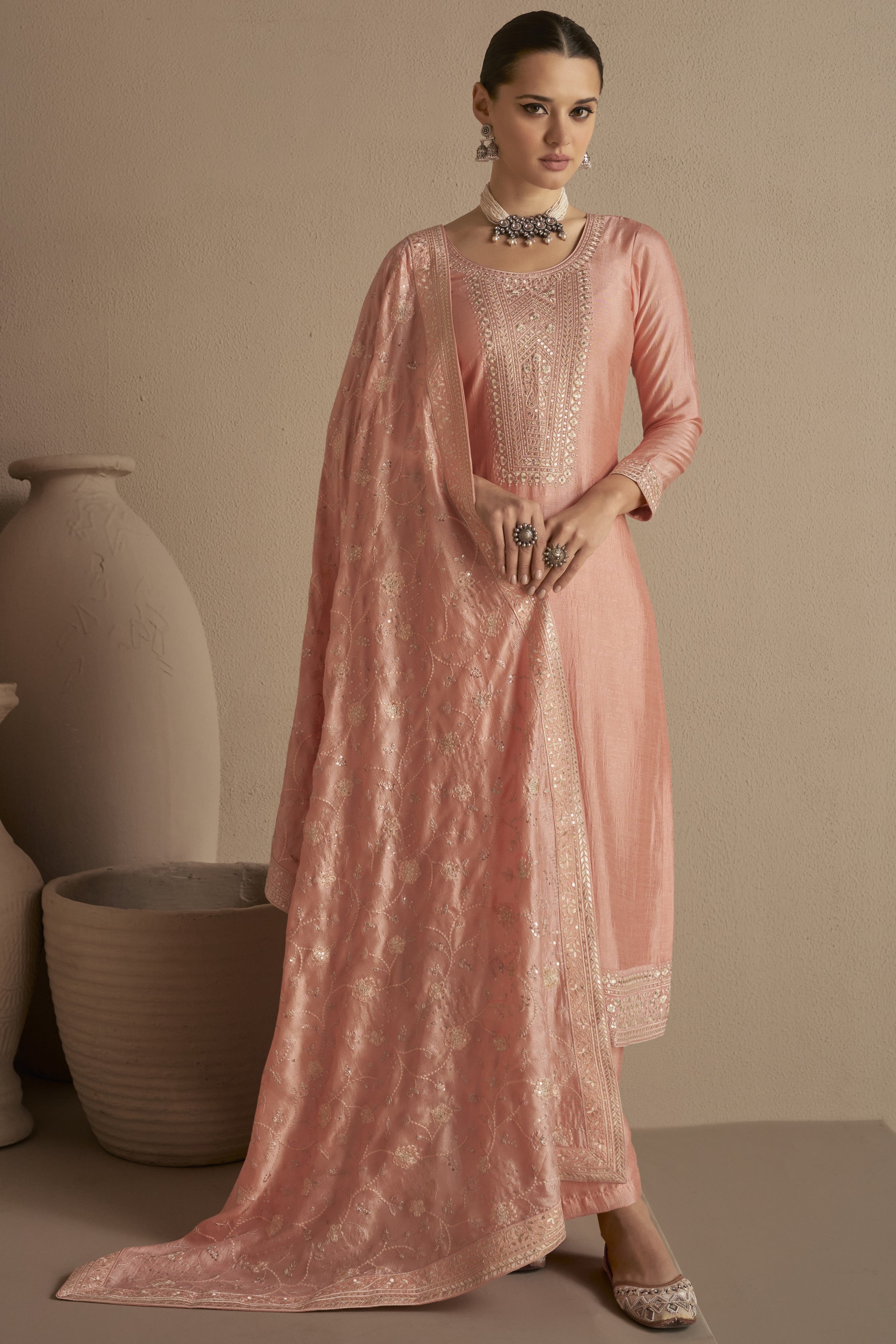 Peach Chinon Silk Kameez Pant Suit For Indian Festivals & Weddings - Thread Embroidery Work,