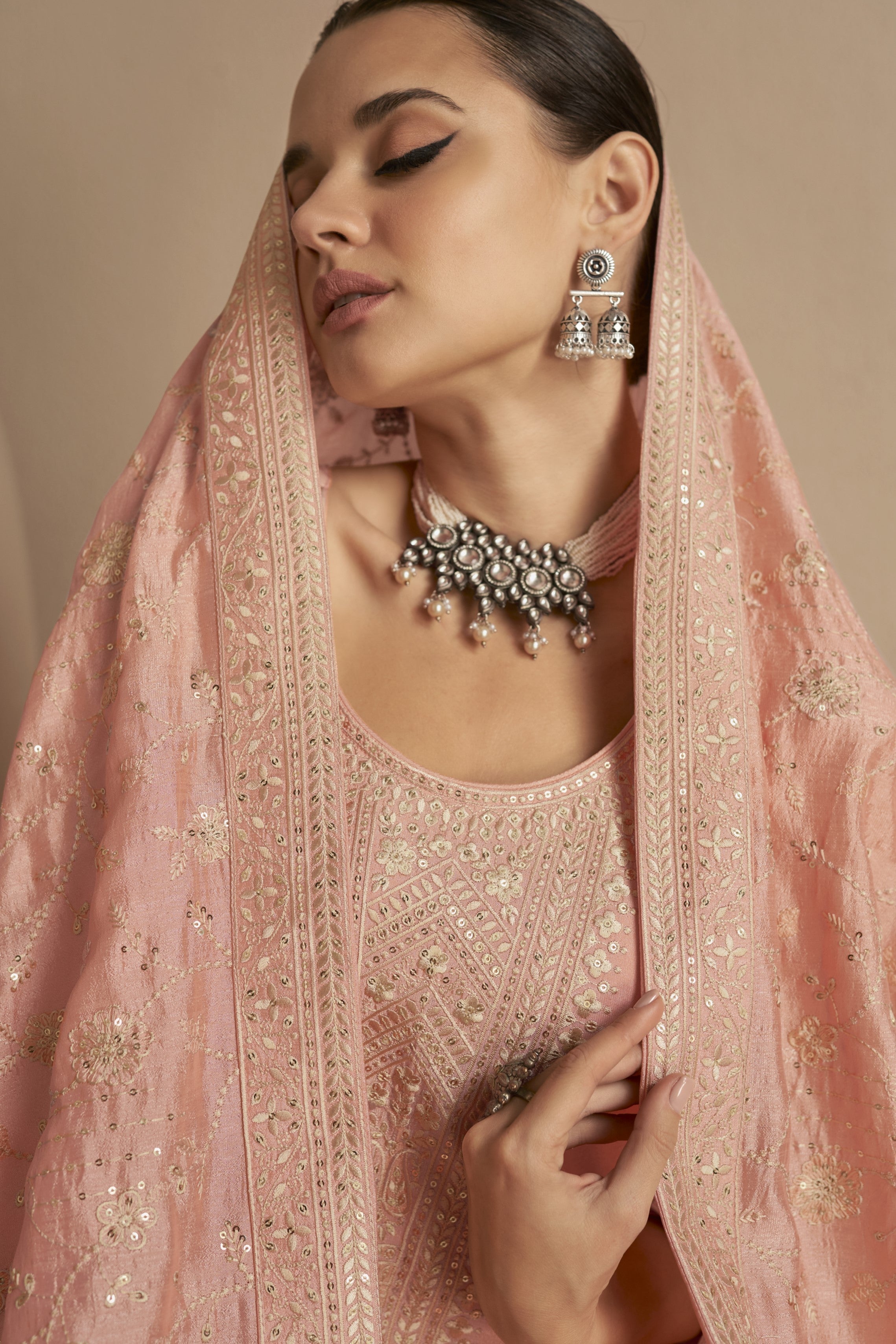 Peach Chinon Silk Kameez Pant Suit For Indian Festivals & Weddings - Thread Embroidery Work,