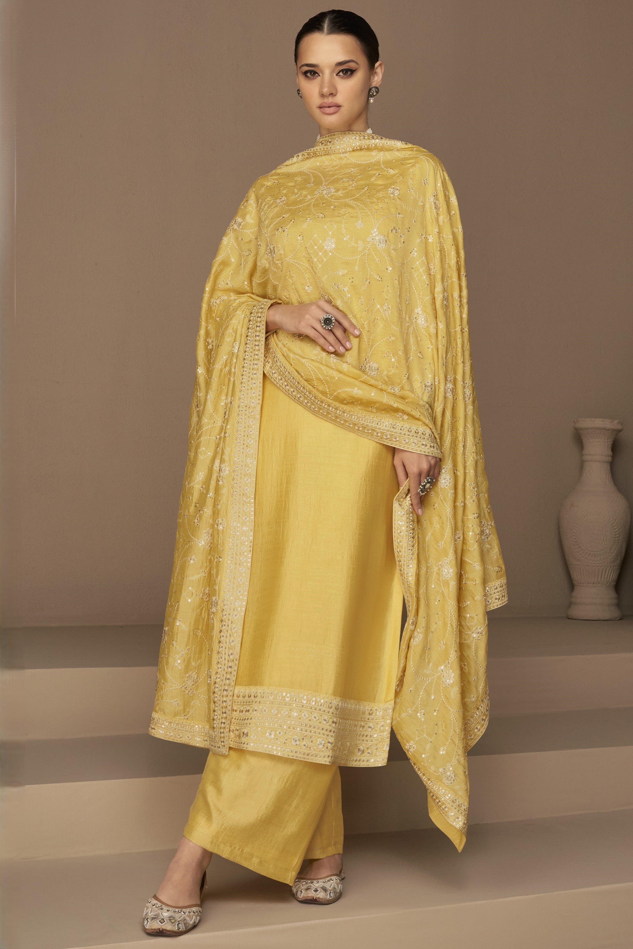 Yellow Chinon Silk Kameez Pant Suit For Indian Festivals & Pakistani Weddings - Thread Embroidery Work,