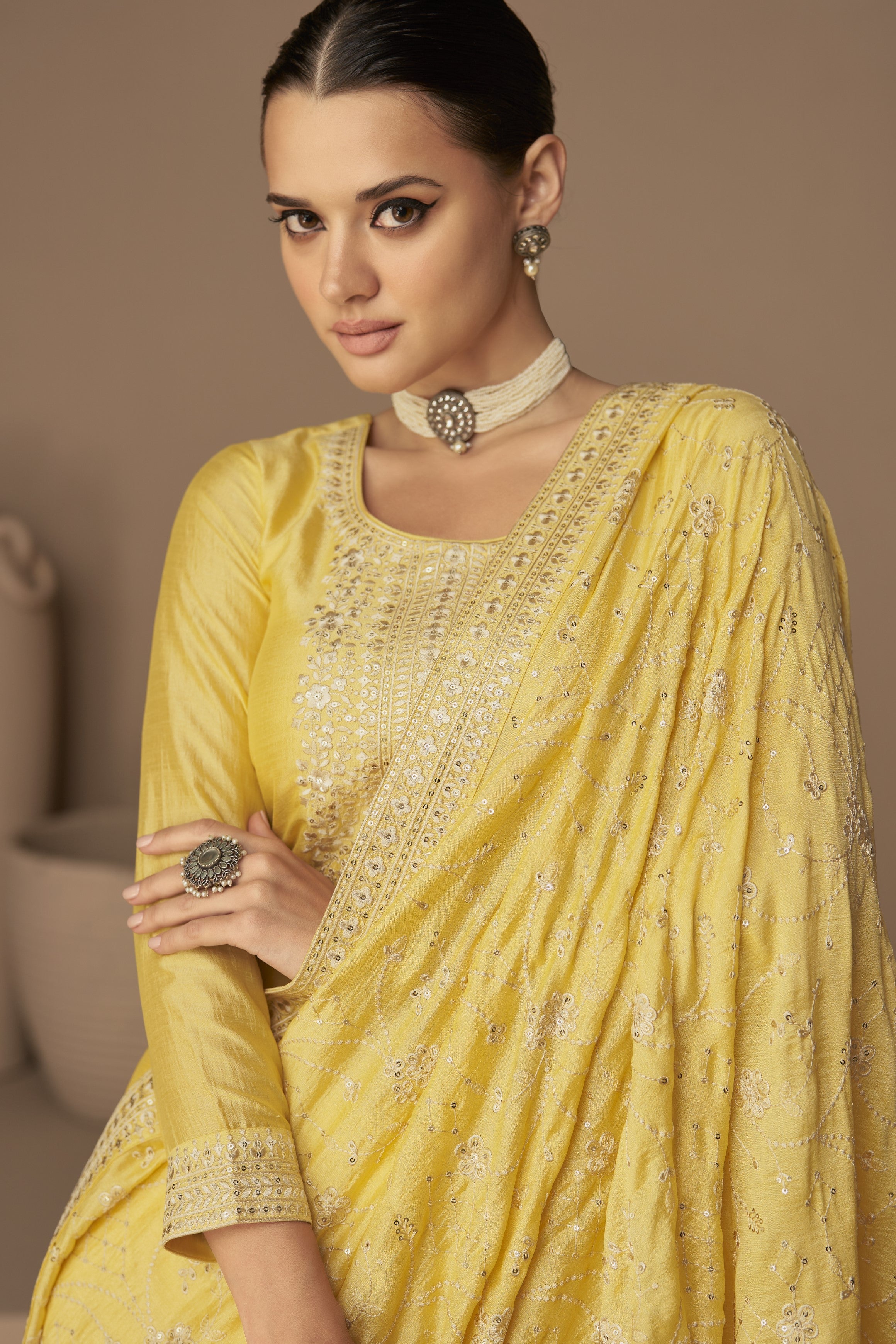 Yellow Chinon Silk Kameez Pant Suit For Indian Festivals & Pakistani Weddings - Thread Embroidery Work,