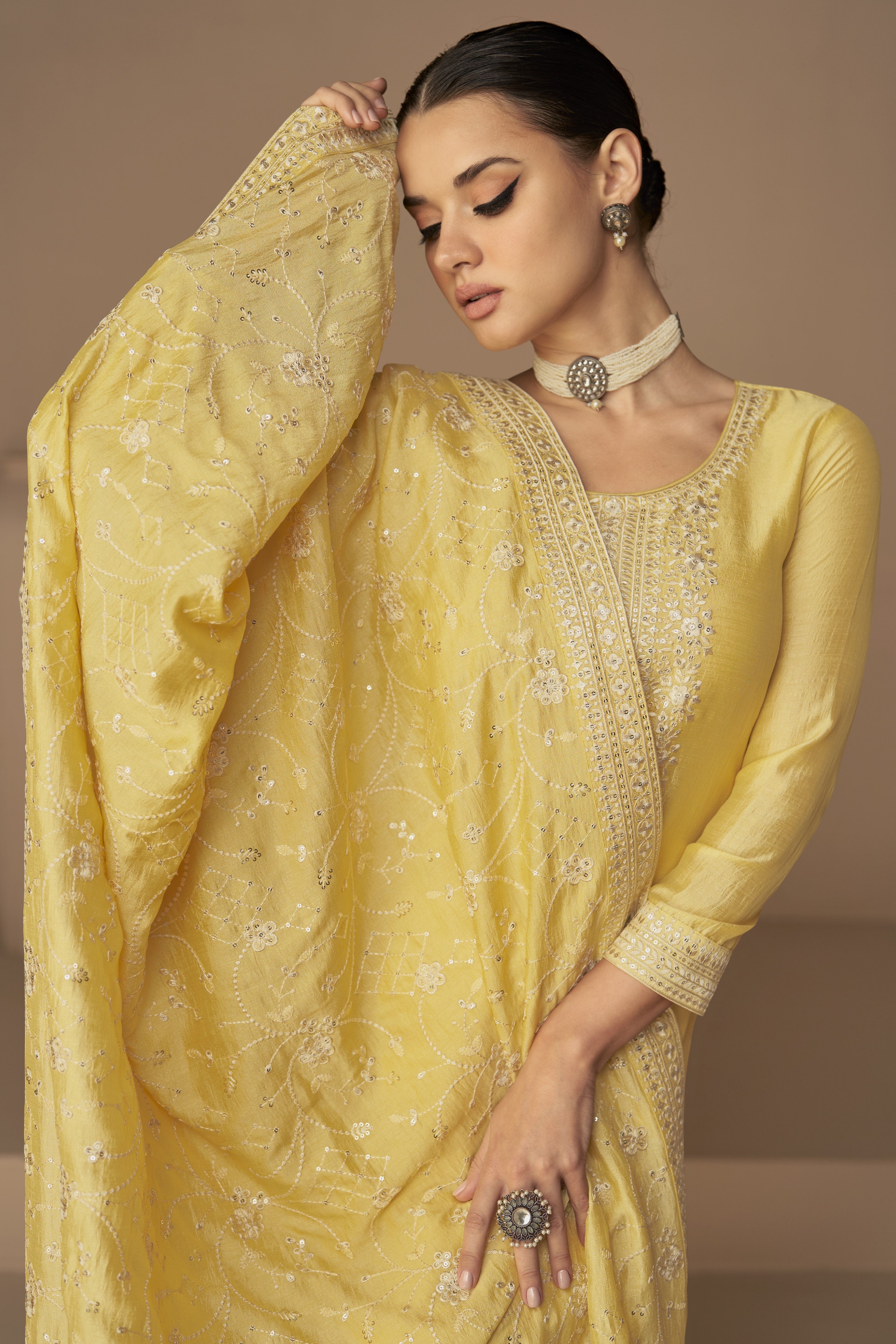 Yellow Chinon Silk Kameez Pant Suit For Indian Festivals & Pakistani Weddings - Thread Embroidery Work,