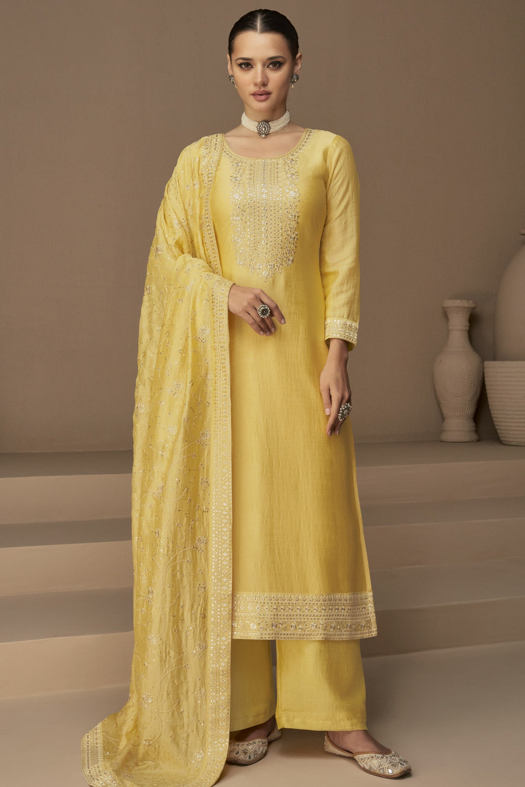 Yellow Chinon Silk Kameez Pant Suit For Indian Festivals & Pakistani Weddings - Thread Embroidery Work,