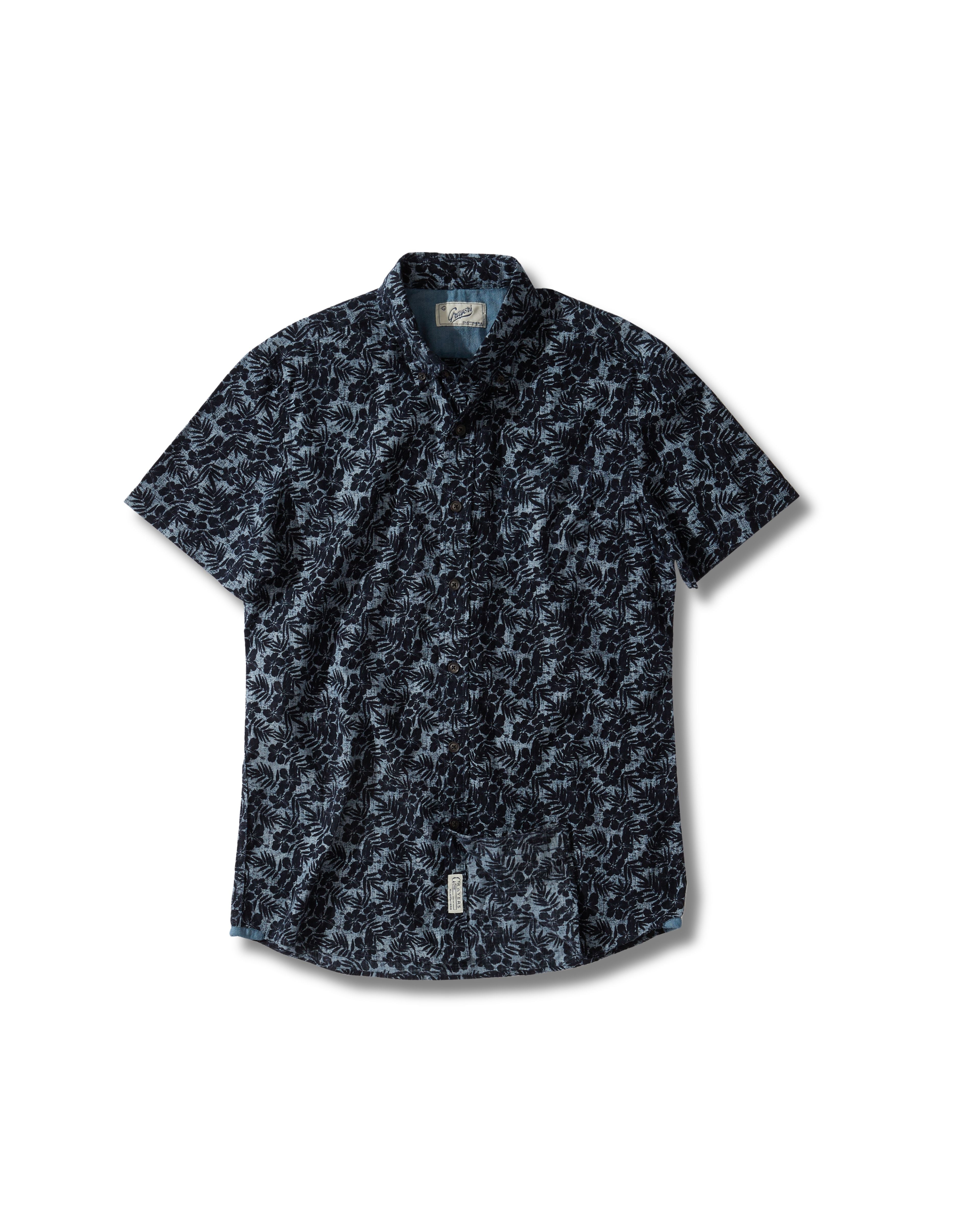 Navy Floral Printed Chambray Short Sleeve Shirt - Navy Floral  *