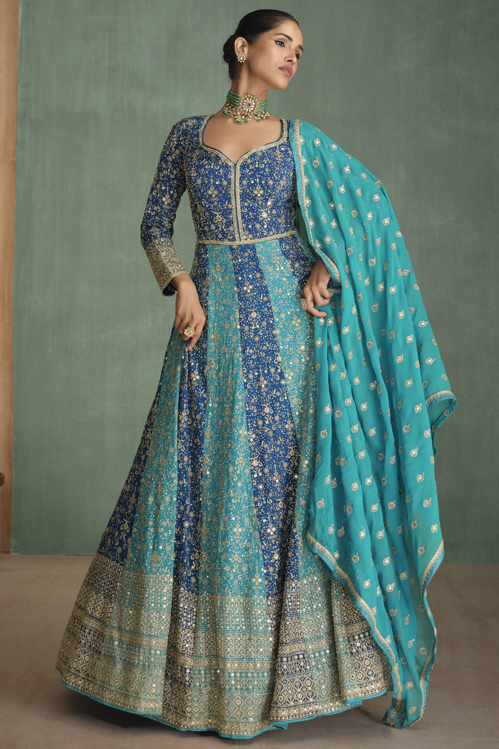 Blue Georgette Indian Bridal Reception Gowns for Wedding - Embroidery Work
