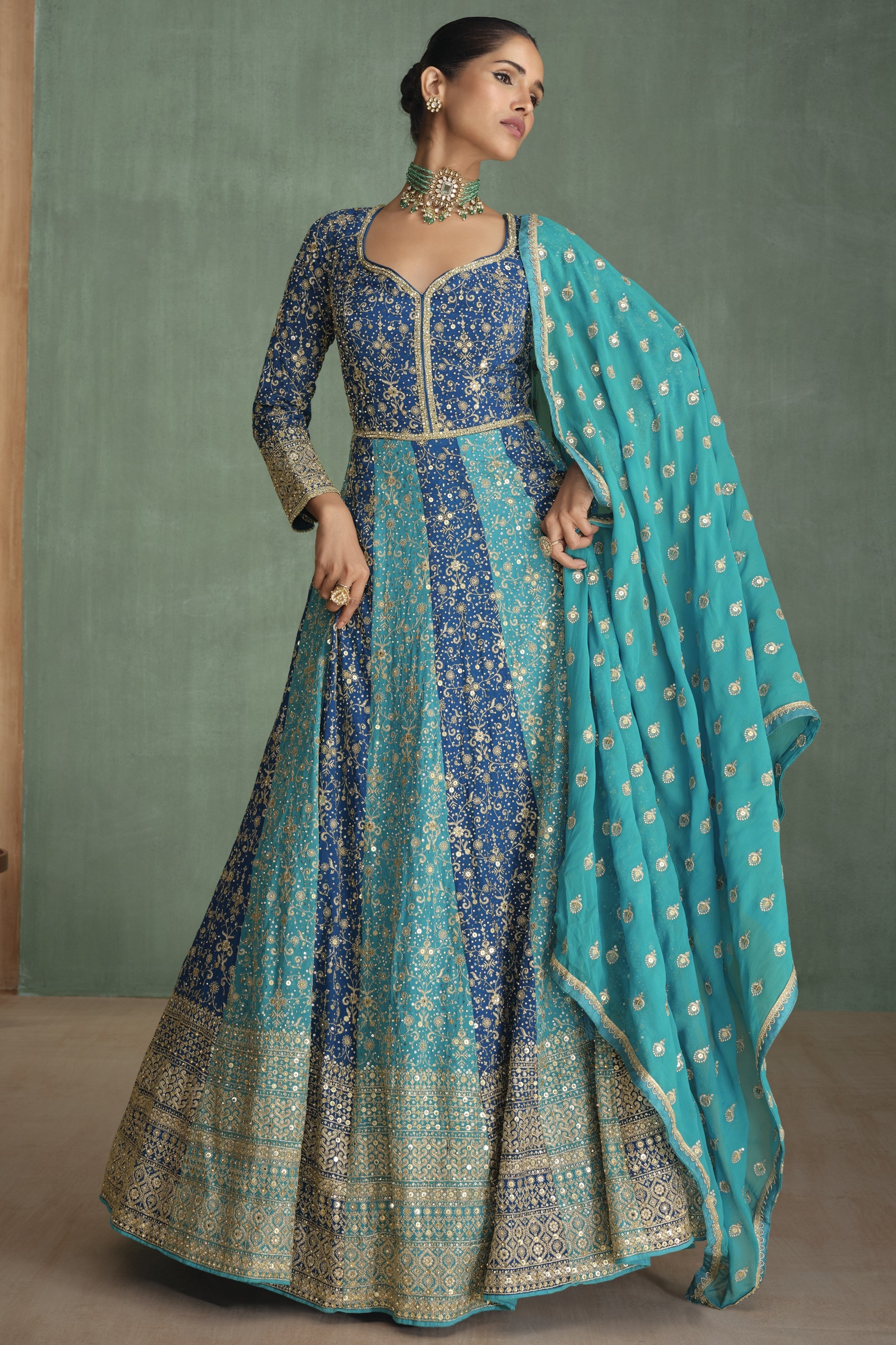 Blue Georgette Indian Bridal Reception Gowns for Wedding - Embroidery Work