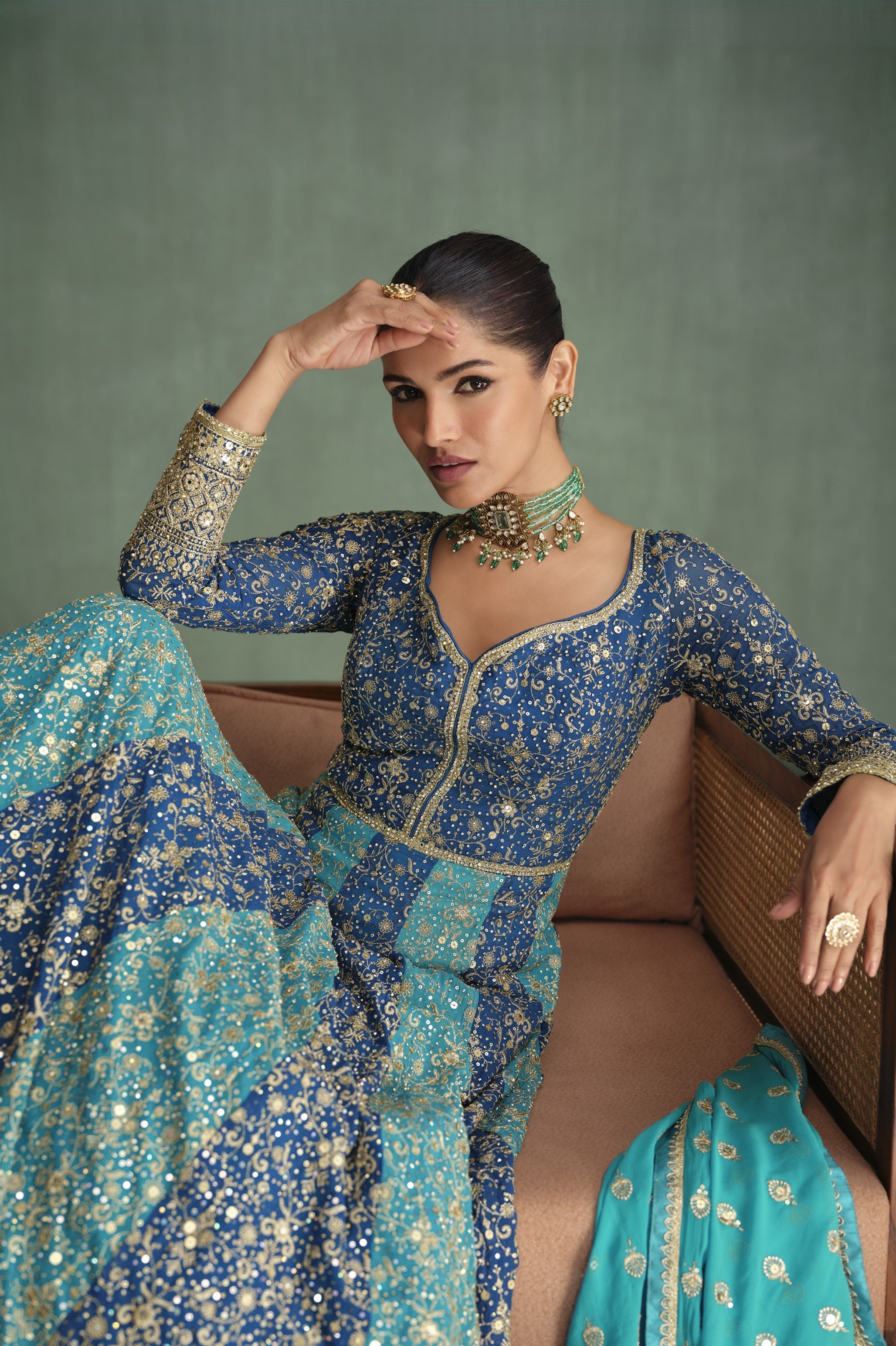 Blue Georgette Indian Bridal Reception Gowns for Wedding - Embroidery Work