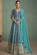Blue Georgette Indian Bridal Reception Gowns for Wedding - Embroidery Work