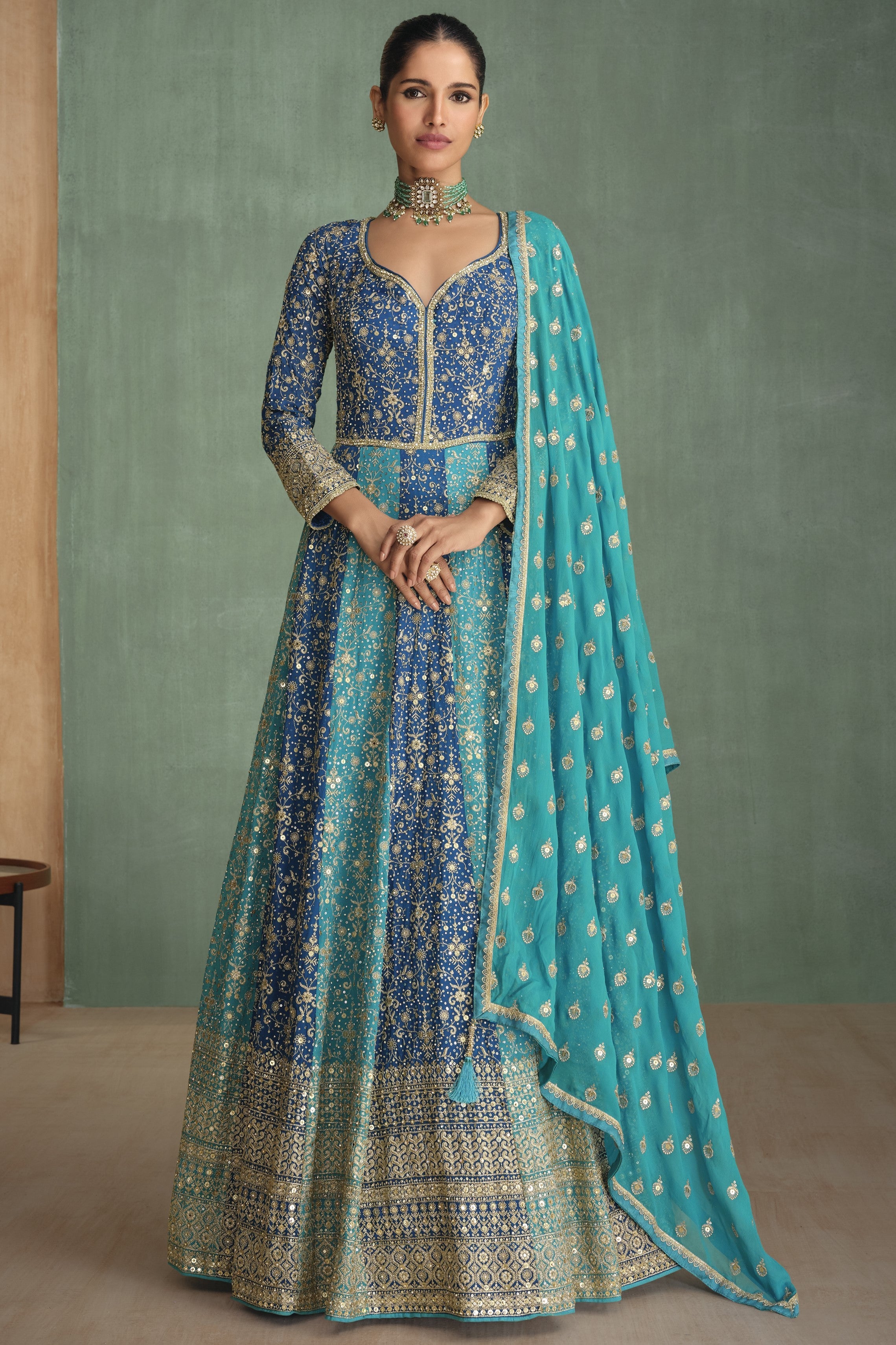 Blue Georgette Indian Bridal Reception Gowns for Wedding - Embroidery Work