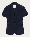 Pinstripe Tulip-Sleeve Belted Blazer