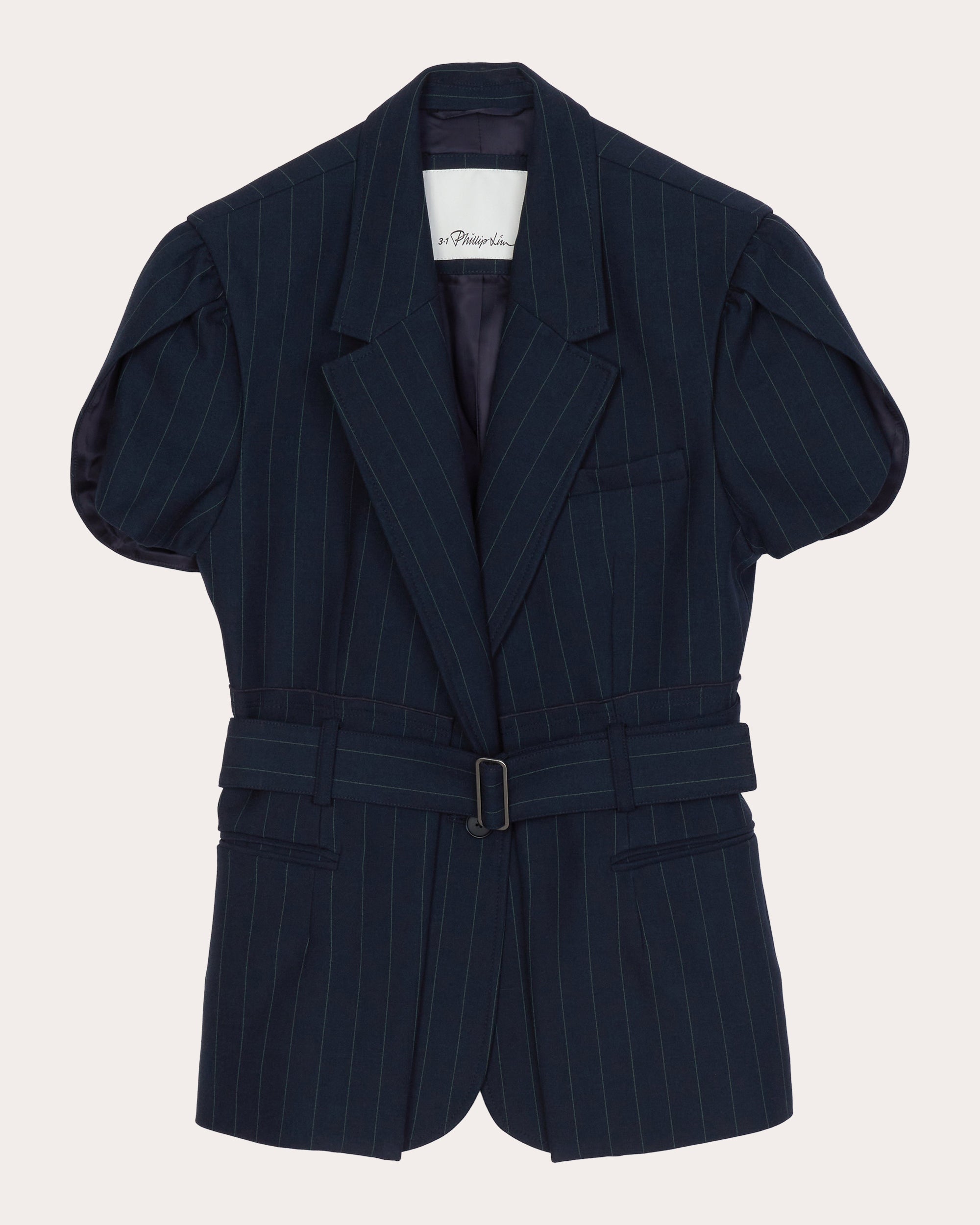Pinstripe Tulip-Sleeve Belted Blazer