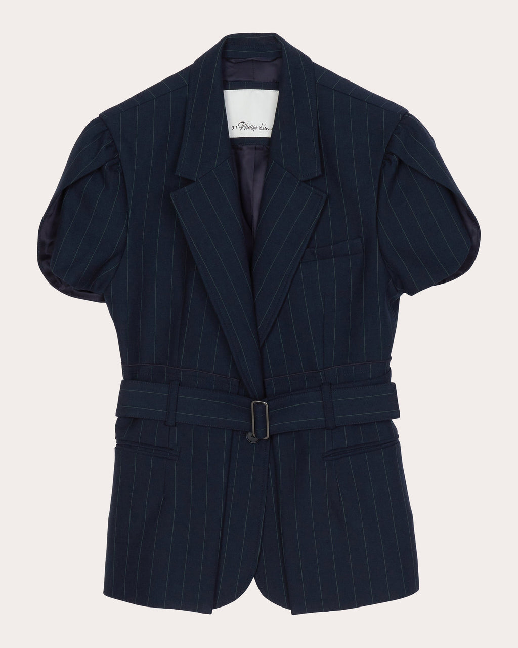 Pinstripe Tulip-Sleeve Belted Blazer