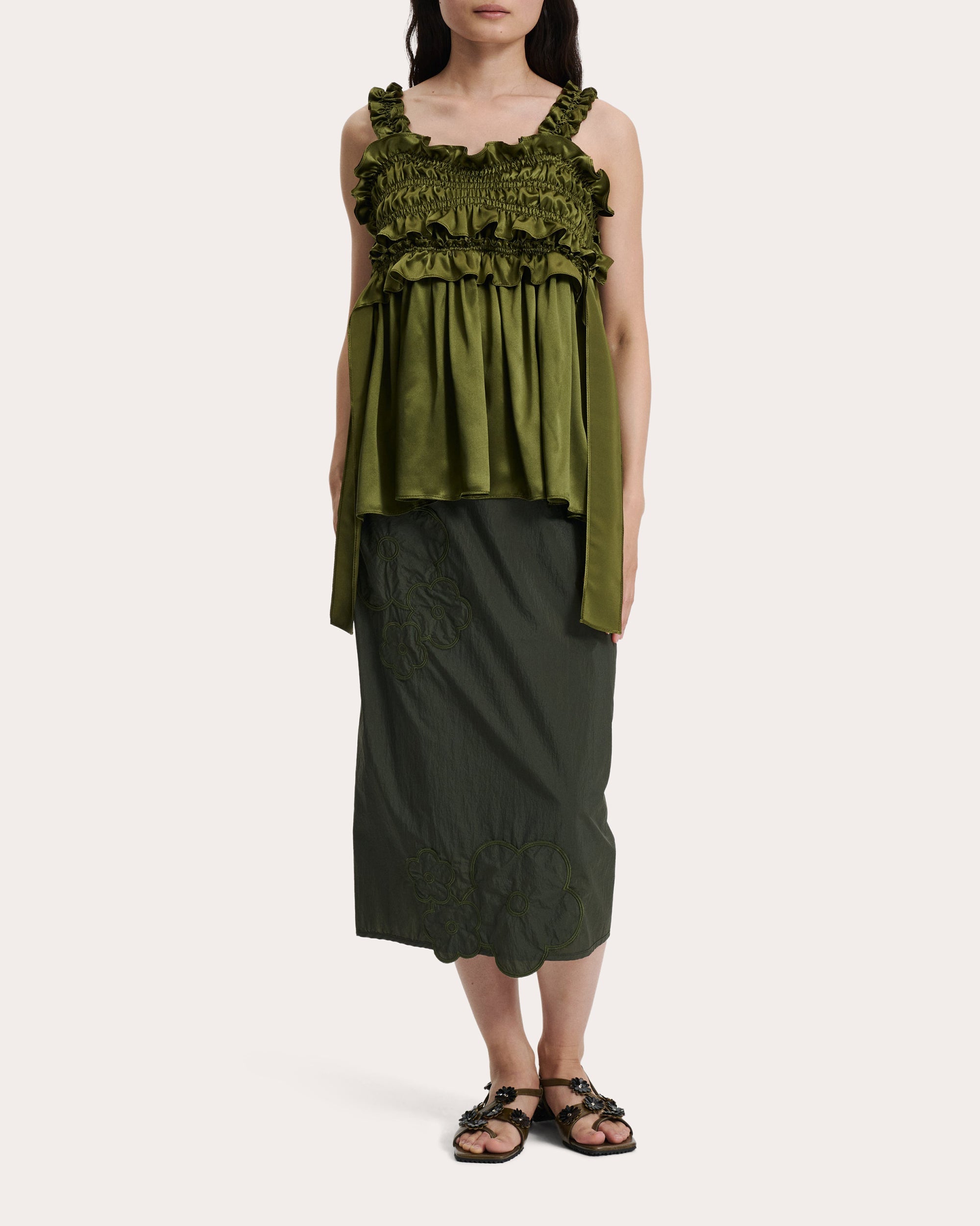 Gia Smocked Ruffle-Trimmed Silk Satin Top