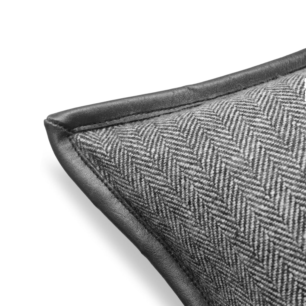 Woven Herringbone With Genuine Leather Trim Pillow Cover