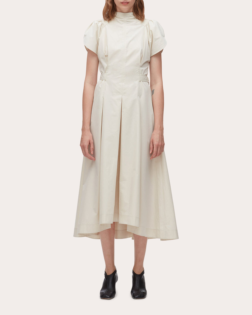 Cotton Poplin Pleated Tulip-Sleeve Midi Dress