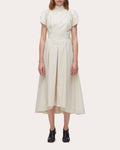 Cotton Poplin Pleated Tulip-Sleeve Midi Dress