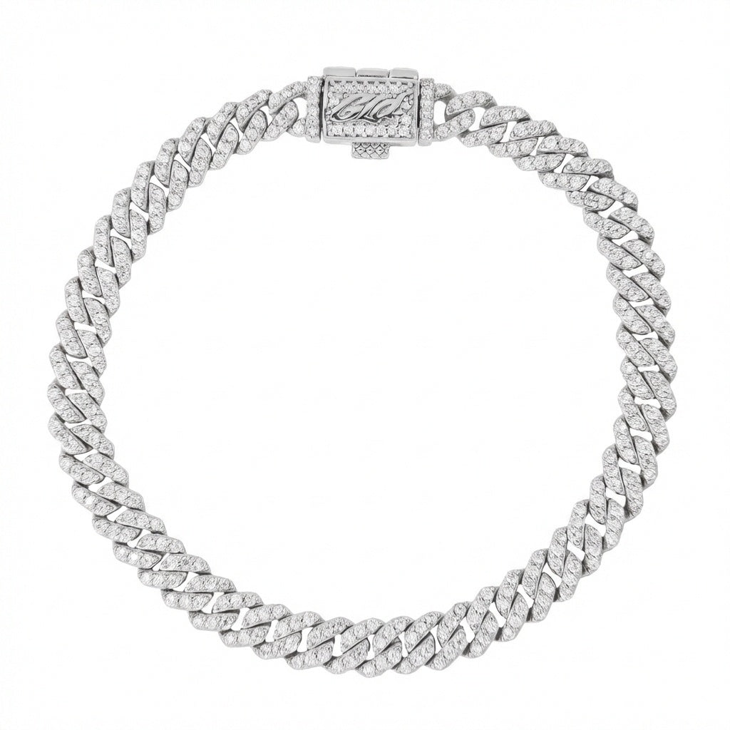 Men's 6MM Micro Diamond Prong Moissanite Cuban Bracelet in White Gold Vermeil